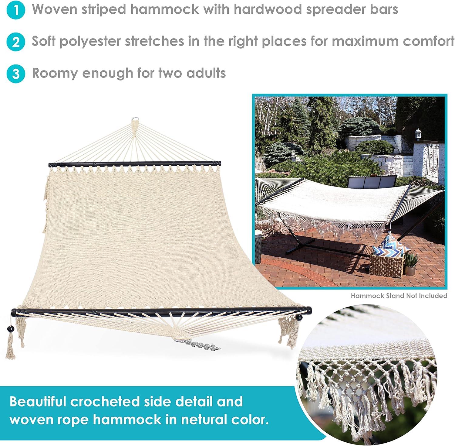 Sunnydaze Heavy-Duty 2-Person Woven Polyester Style Hammock with Crocheted edges and Wooden Spreader Bars - 600 lb Weight Capacity - Natural