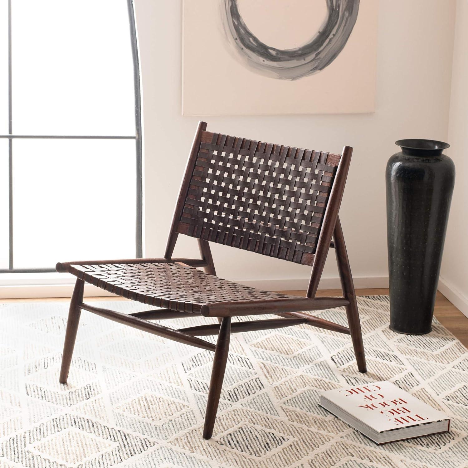 Transitional Brown Leather and Sungkai Wood Armless Accent Chair