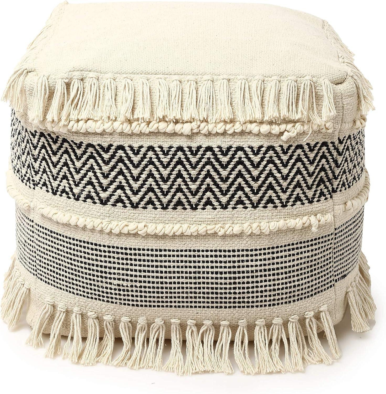 · REDEARTH · UNSTUFFED Pouf Ottoman Cover Boho Textured Storage Square Extra Seat, Farmhouse Poof Pouffe Accent Footrest for Living Room, Bedroom, Nursery, Kidsroom, Study Nook (18x18x18; Black)