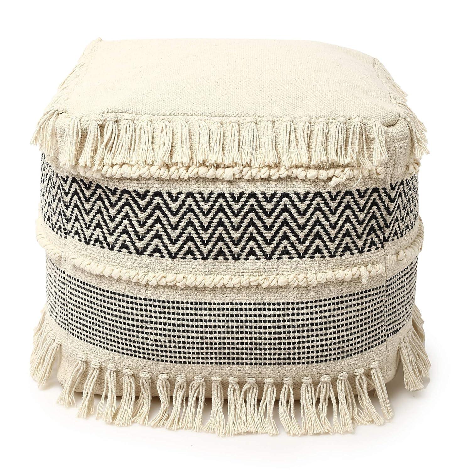 · REDEARTH · UNSTUFFED Pouf Ottoman Cover Boho Textured Storage Square Extra Seat, Farmhouse Poof Pouffe Accent Footrest for Living Room, Bedroom, Nursery, Kidsroom, Study Nook (18x18x18; Black)