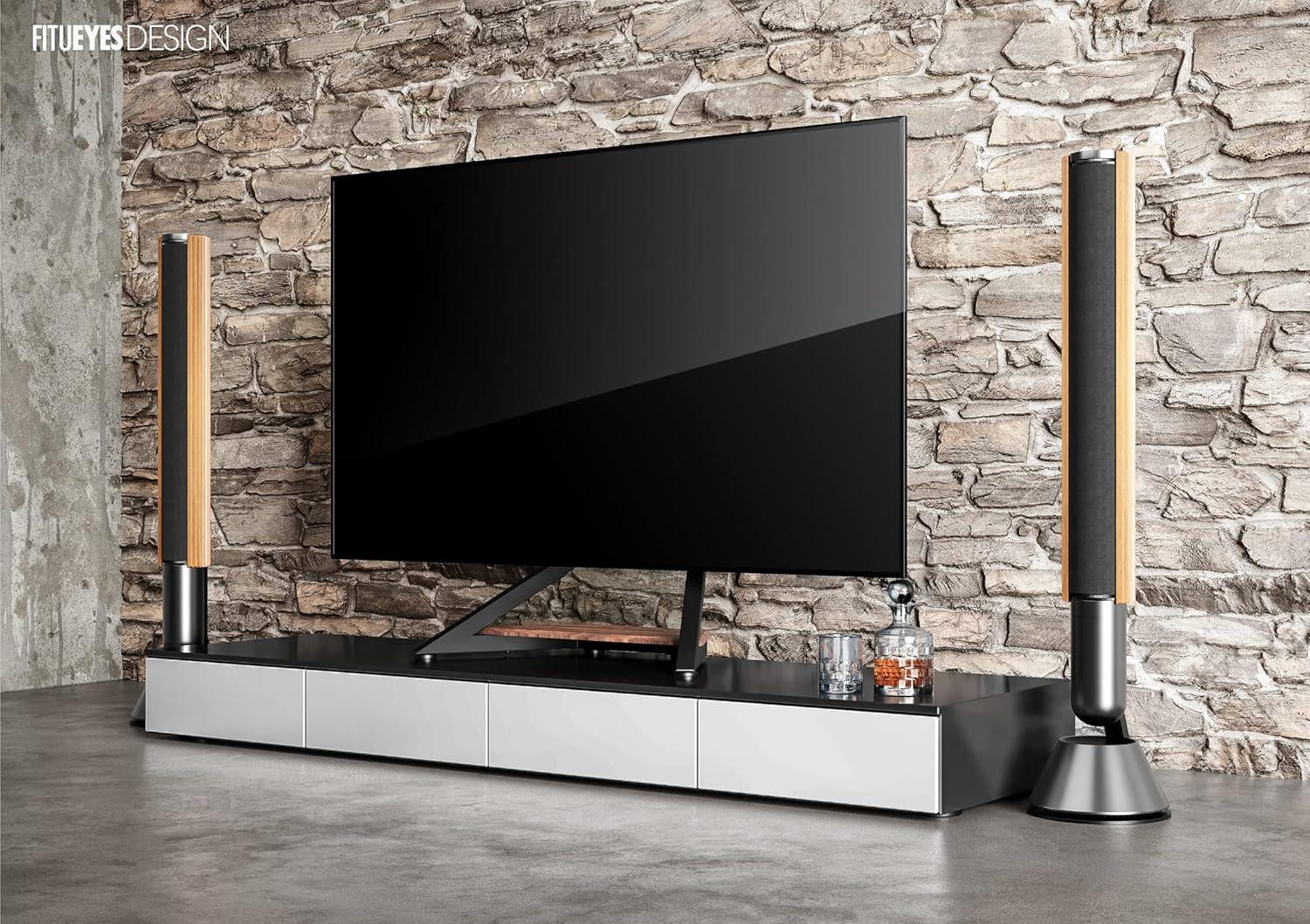 FITUEYES Design Universal Tabletop TV Stand for 55-86 inch TV LCD LED, Modern TV Stand Height Adjustable with Wooden Base, Eiffel Series TV Mount Stand