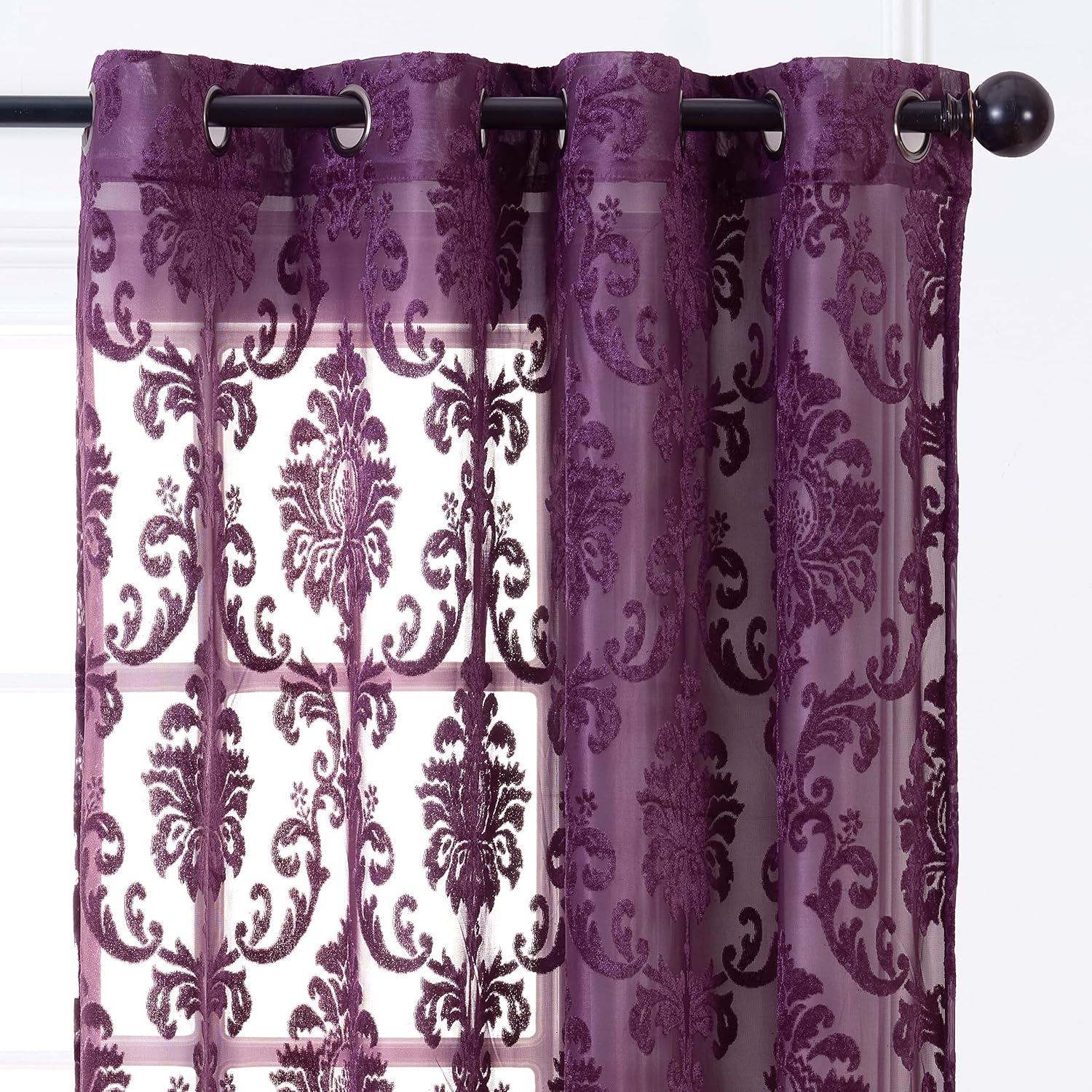 Chanasya 2pk Devore Damask Sheer Grommet Window Curtain Panels - Set of 2 - 52 x 108 Inches Long - Aubergine