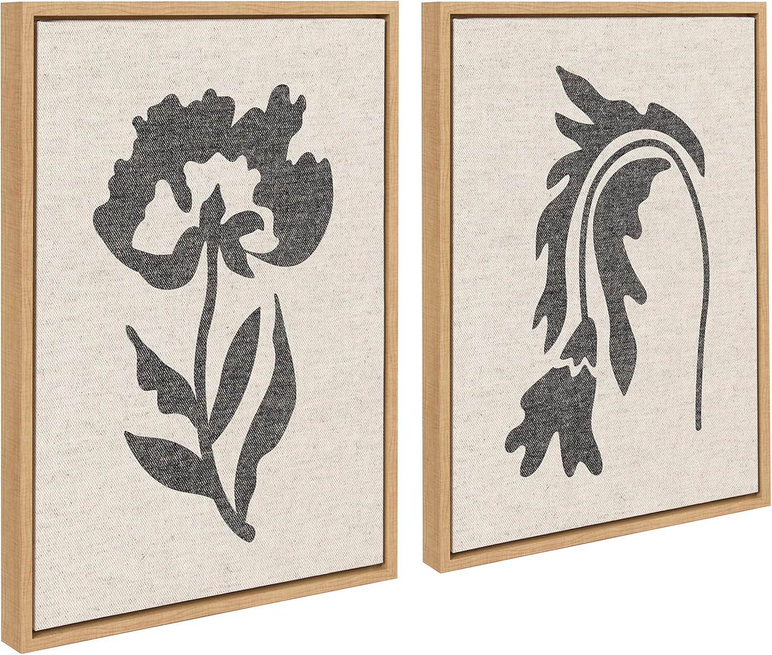 Kate and Laurel Sylvie Scandi Botanical 2 and 3 Neutral Textured Linen Framed Canvas Wall Art Set by The Creative Bunch Studio, 2 Piece Set 18x24 Natural, Simple Abstract Floral Art for Wall