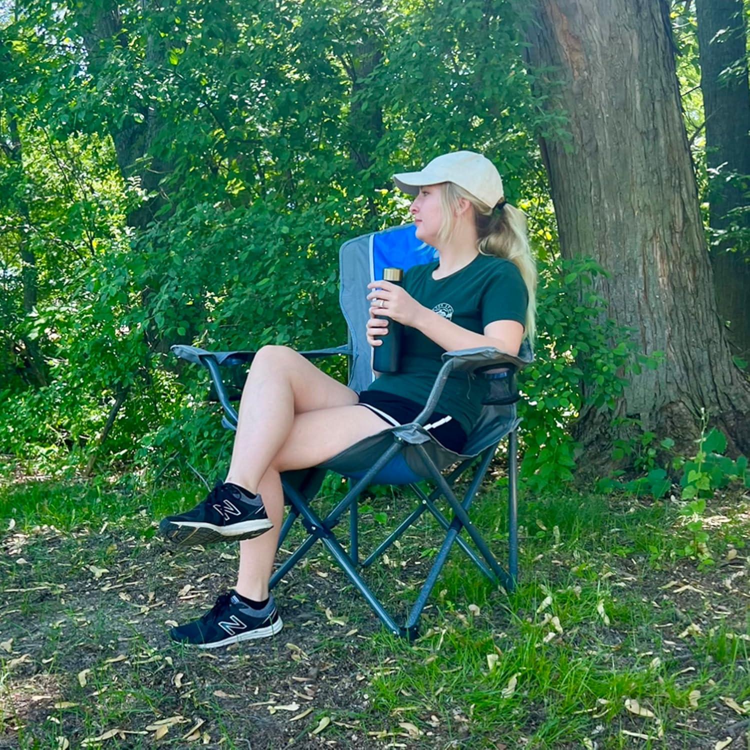 Oversized Camping Folding Chair Padded Arm Chair with Cup Holder Blue Grey