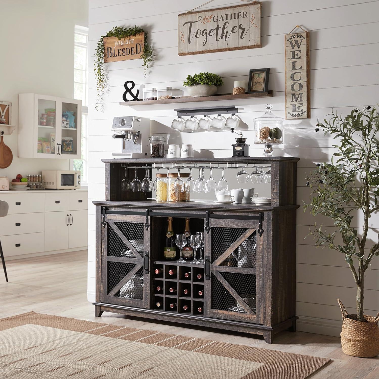 Rustic Dark Oak 55" Coffee Bar Cabinet with LED Lights and Sliding Barn Door