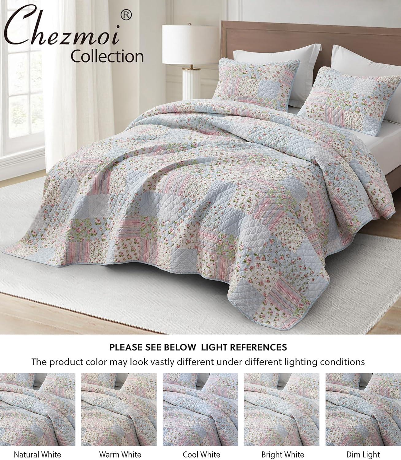 Chezmoi Collection Holly 3-Piece Stone-washed Cotton Quilt Set King Size - Printed Floral Patchwork Soft Breathable Lightweight Bedspread Set