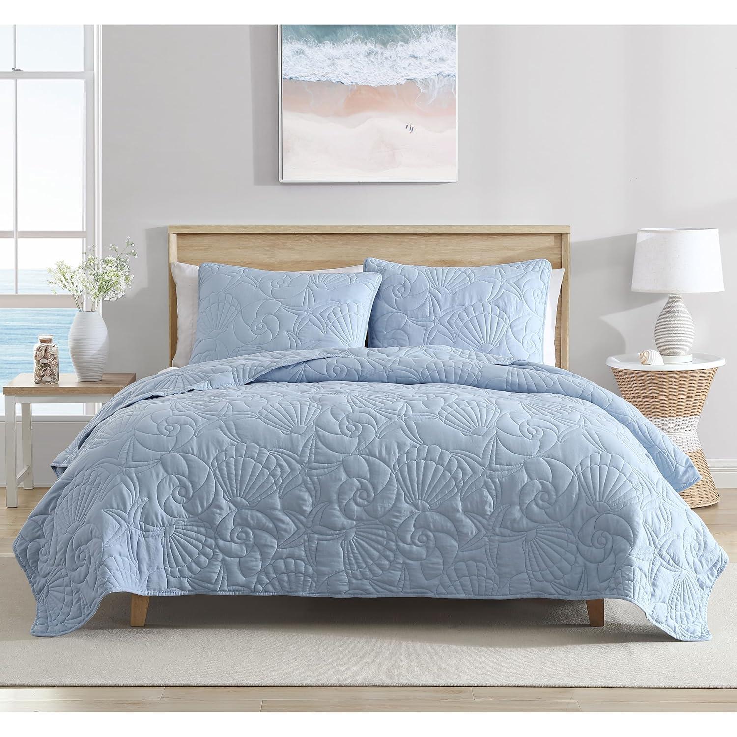 Twin Blue Microfiber Coastal Shell Quilt Set