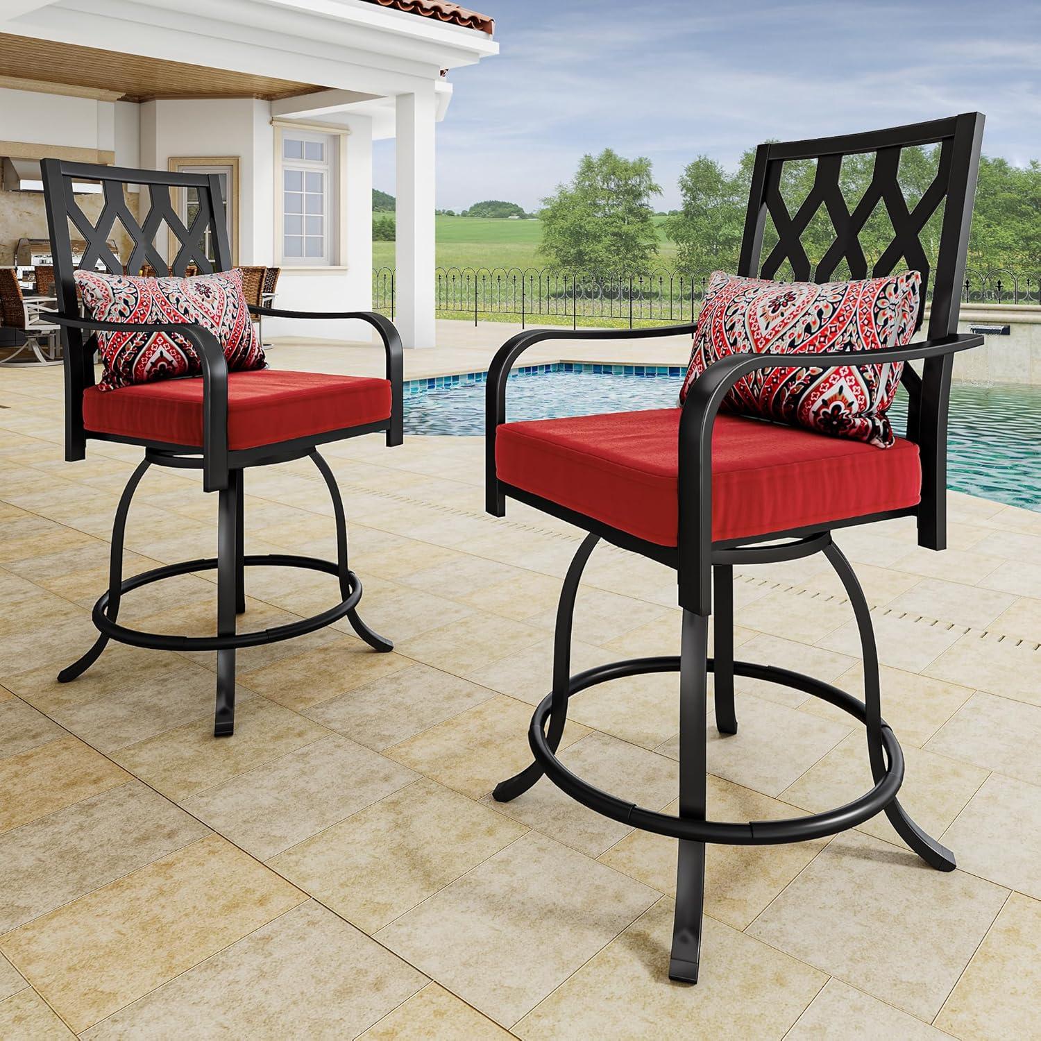 MF Studio Outdoor Swivel Bar Stools Set of 2, Patio Height Chairs with Seat and Back Cushion, Red