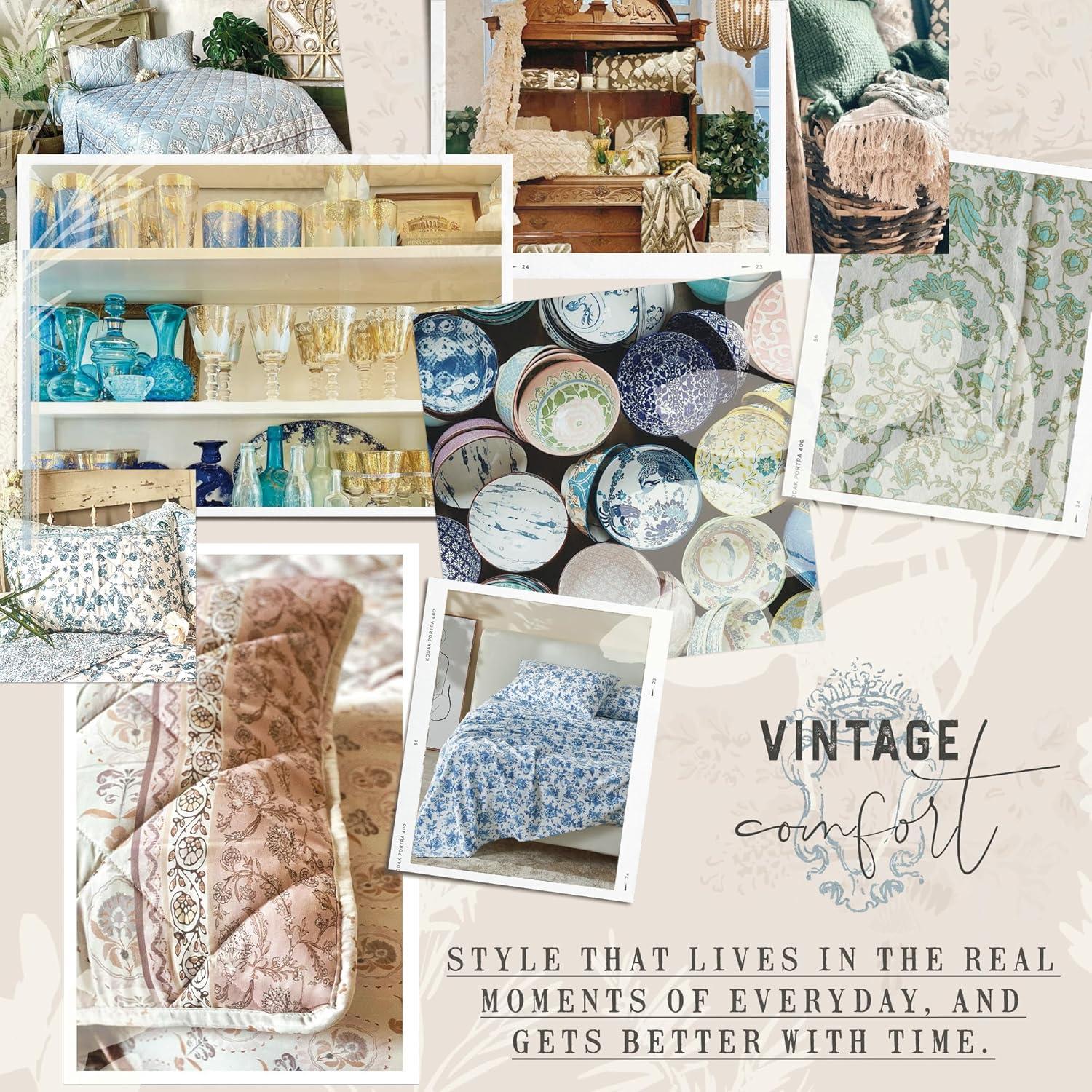 2pc Twin Printed Vintage Quilt Bedding Set Beige/Blue - Patina Vie: Reversible Damask Pattern, OEKO-TEX Certified