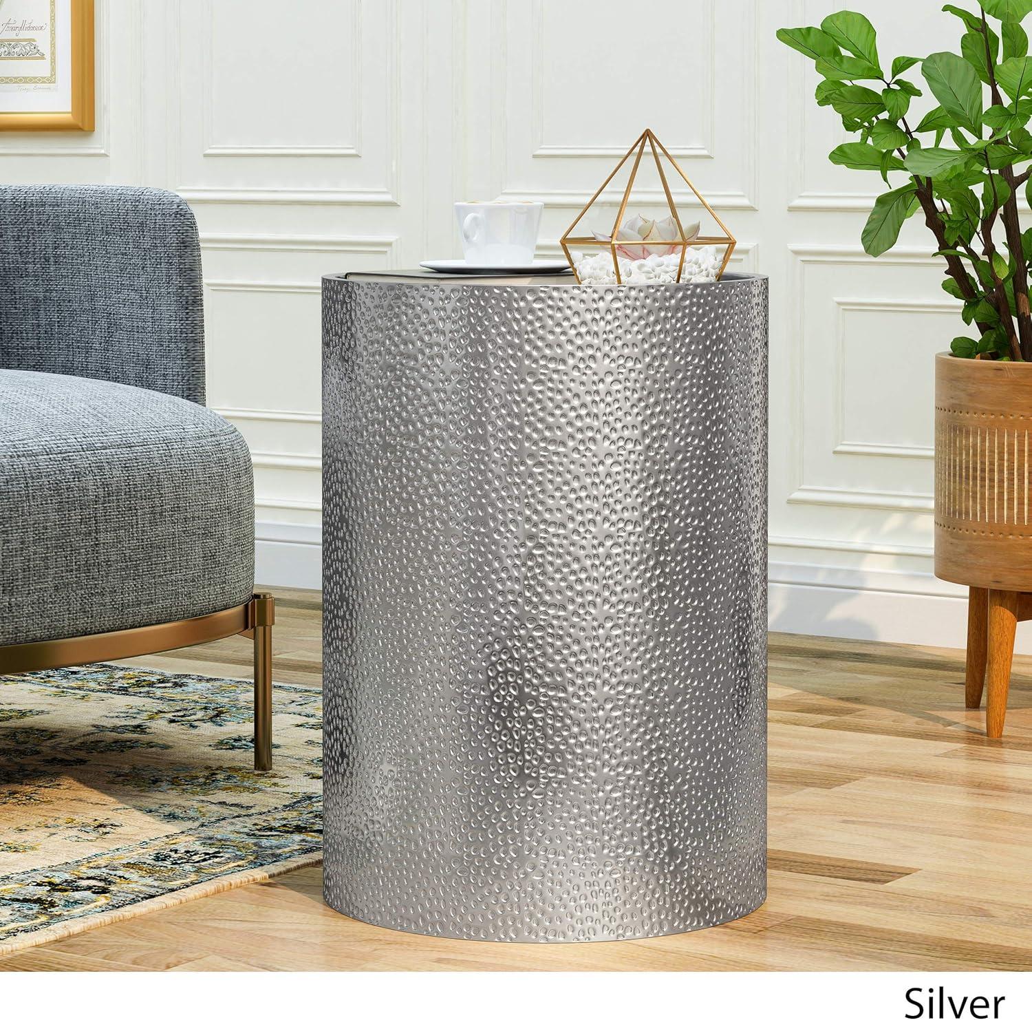 Braeburn Modern Round Accent Table Silver - Christopher Knight Home: Hammered Iron, Cylindrical, No Assembly Required