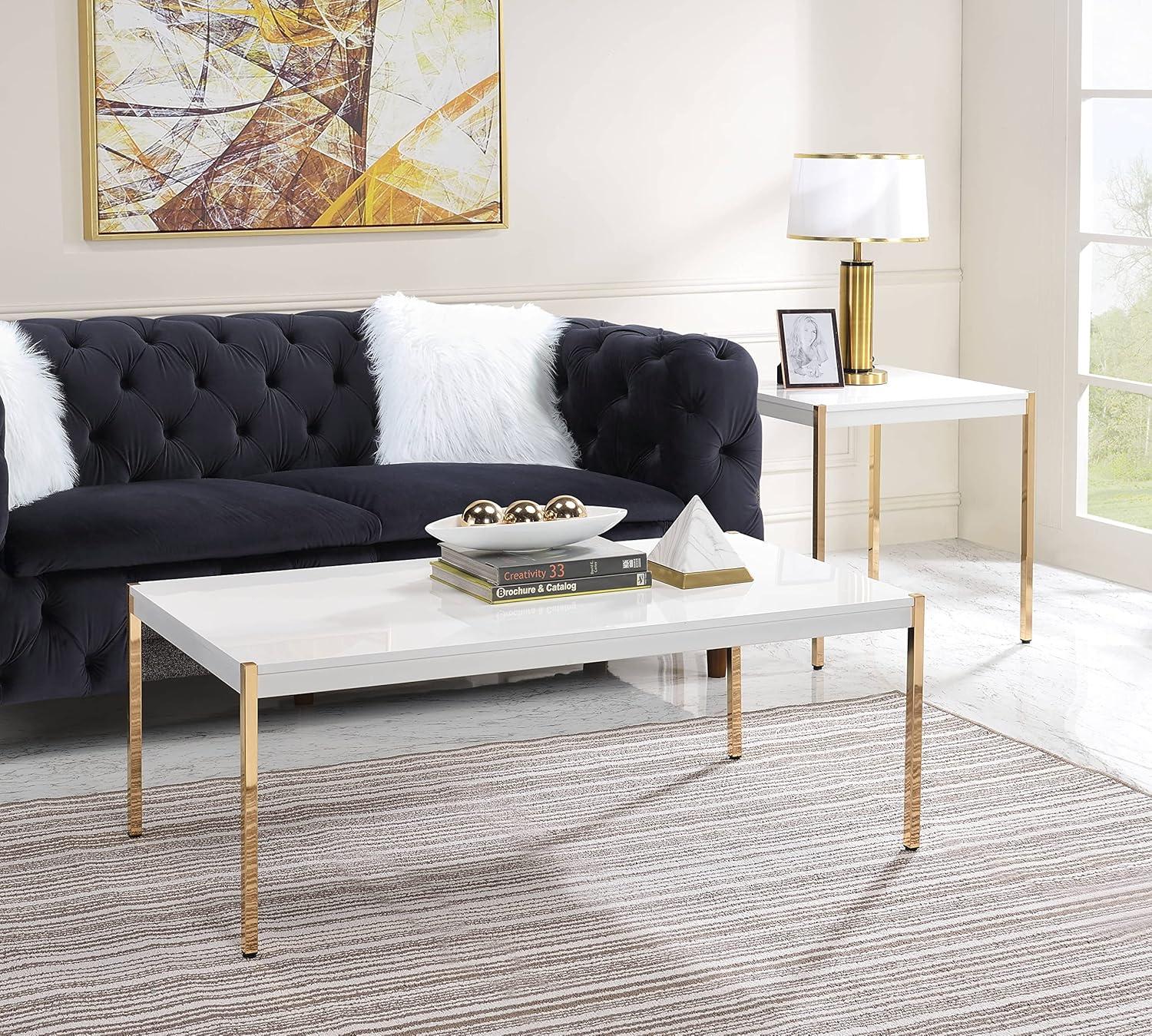 Square Wooden Top End Table with Tube Legs in White and Gold