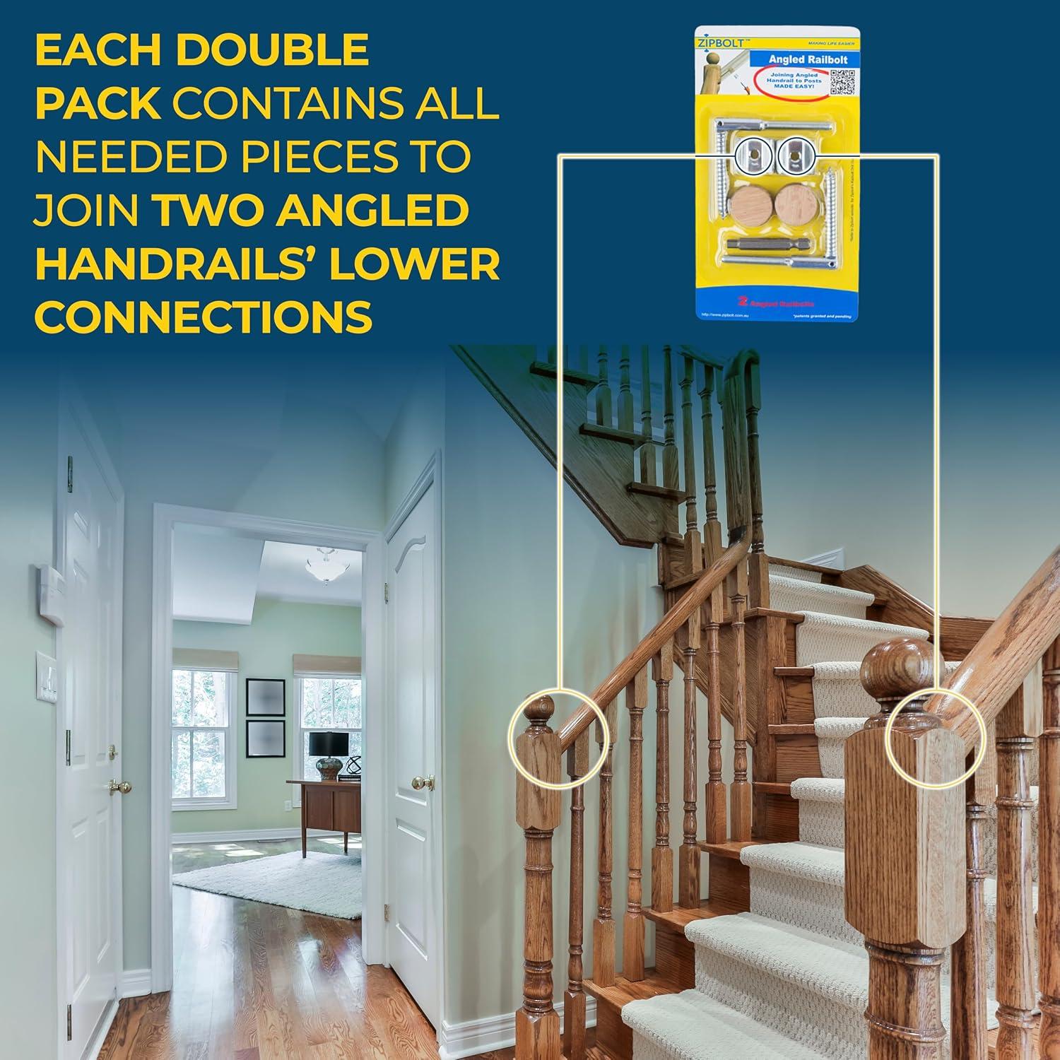 Zipbolt 11.560 Angled Railbolt — Angled Staircase Handrail to Newel Post Connector for Lower Connection, Residential and Commercial Installation, New Construction and Remodels — 1 Double Pack