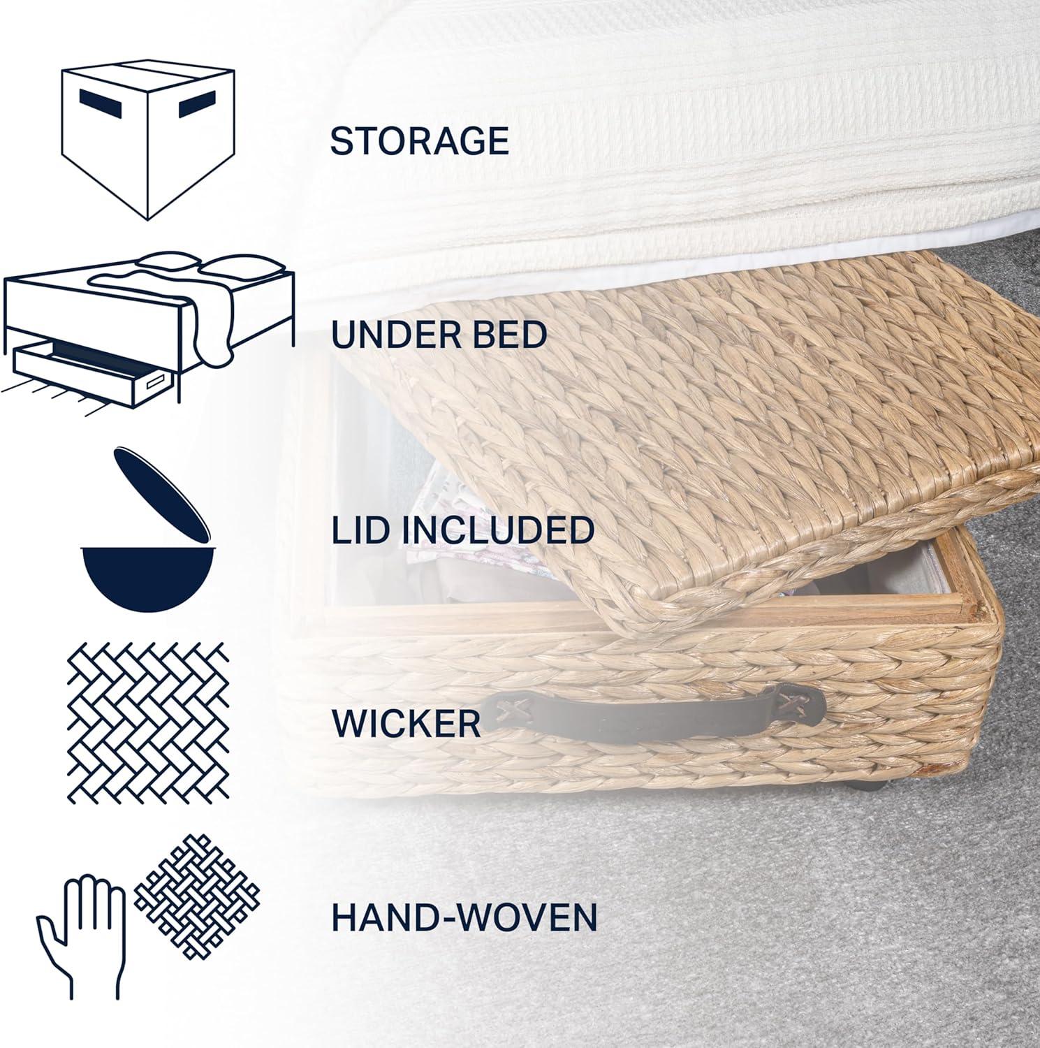 happimess Chett 26.38" Minimalist Hand-Woven Hyacinth/Wood Underbed Storage Bin with Wheels and Handles