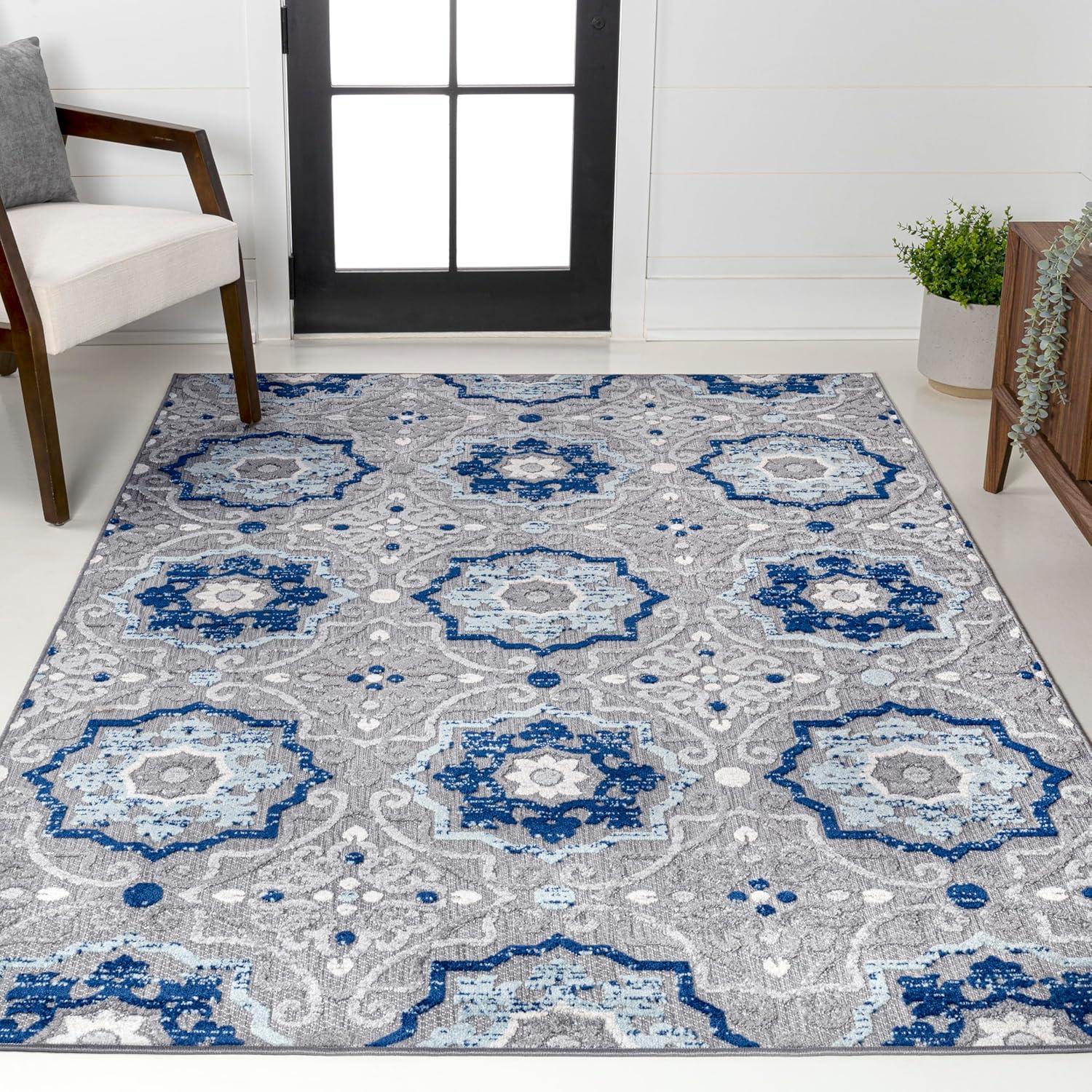 5'x8' Mediterranean Medallion Indoor/Outdoor Area Rug, Blue/Gray - JONATHAN Y