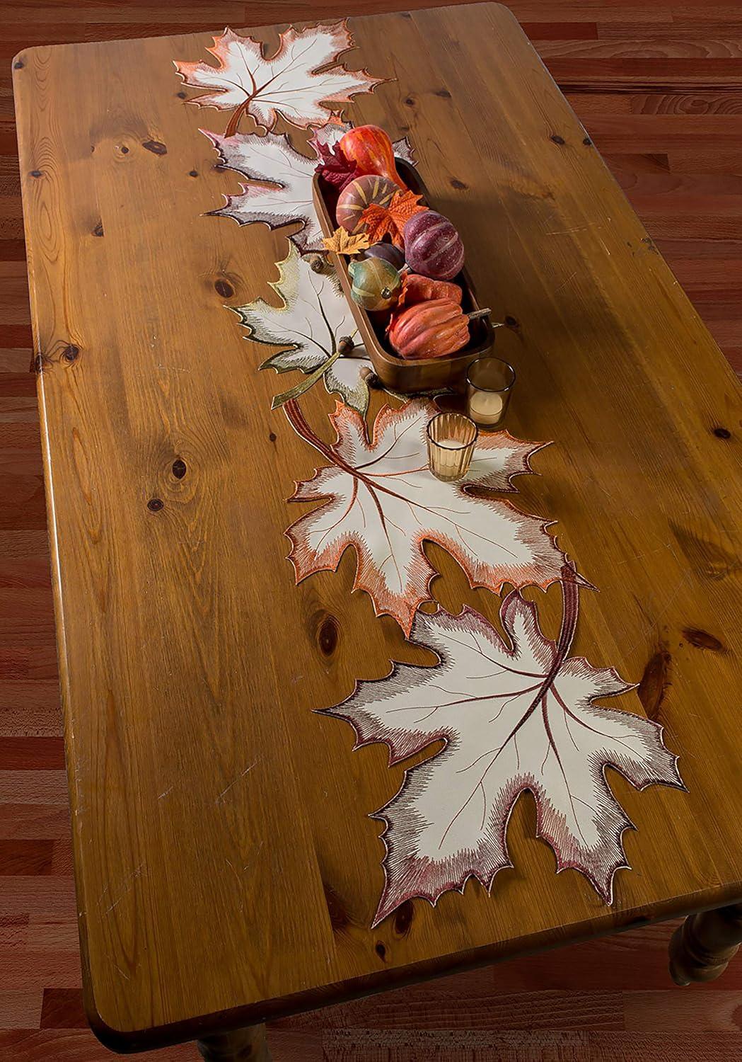 Embroidered Fall Leaves Polyester Table Runner, 14" x 60"