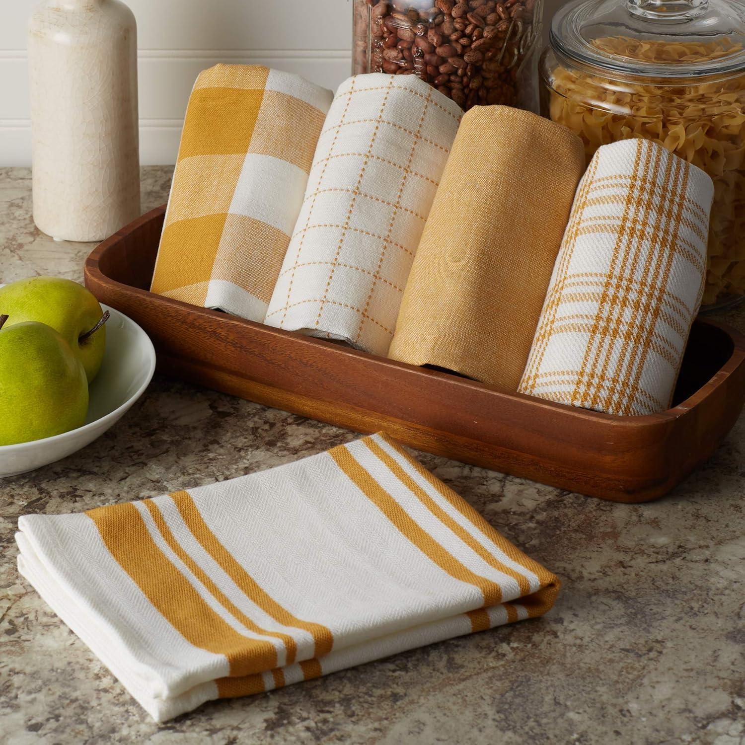 Honey Gold and White Cotton Kitchen Dishtowel Set, 18x28, 5 Count