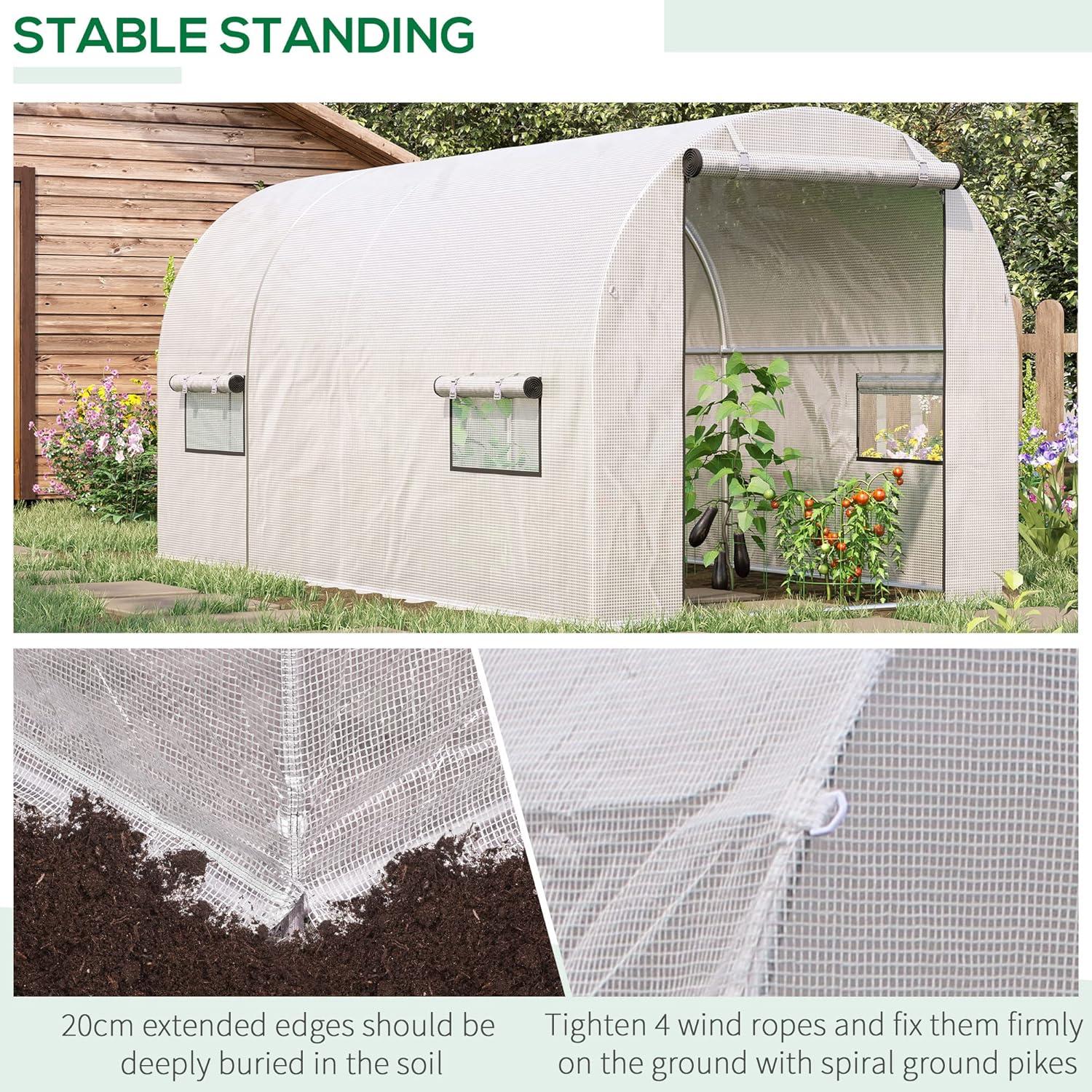 Outsunny 9.6' x 6.5' x 6.2' Walk-In PE Greenhouse with 2 Roll-up Zipper Doors & 6 Roll-up Windows for Plants, White