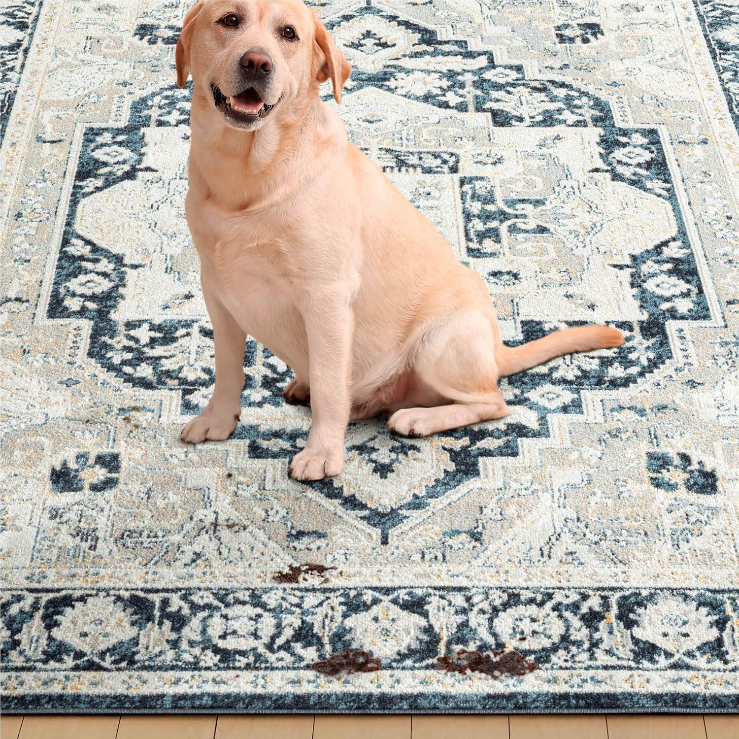 Everwash Treasure Rubia Traditional Medallion Machine Washable Area Rug, Ivory/Navy Blue, 5'2"x7'2"