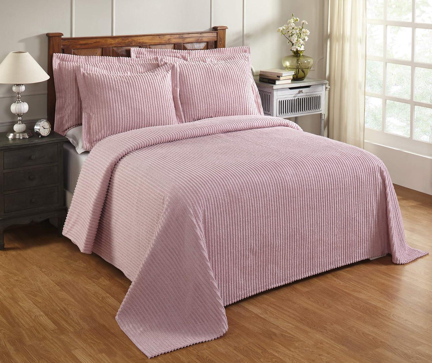 Chic Pink Stripe Tufted Cotton Twin Bedspread