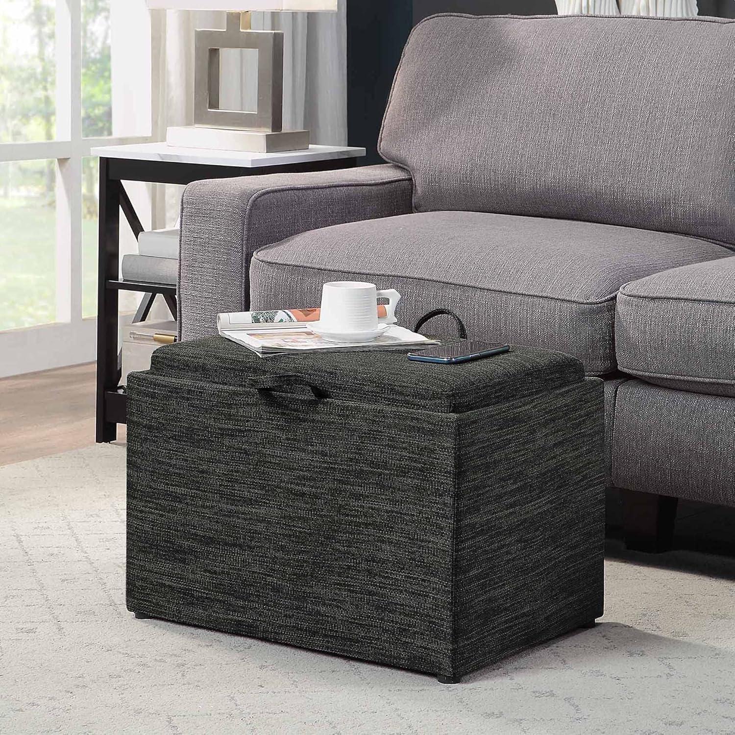 Modern Dark Charcoal Gray Fabric Storage Ottoman with Reversible Tray, 23"