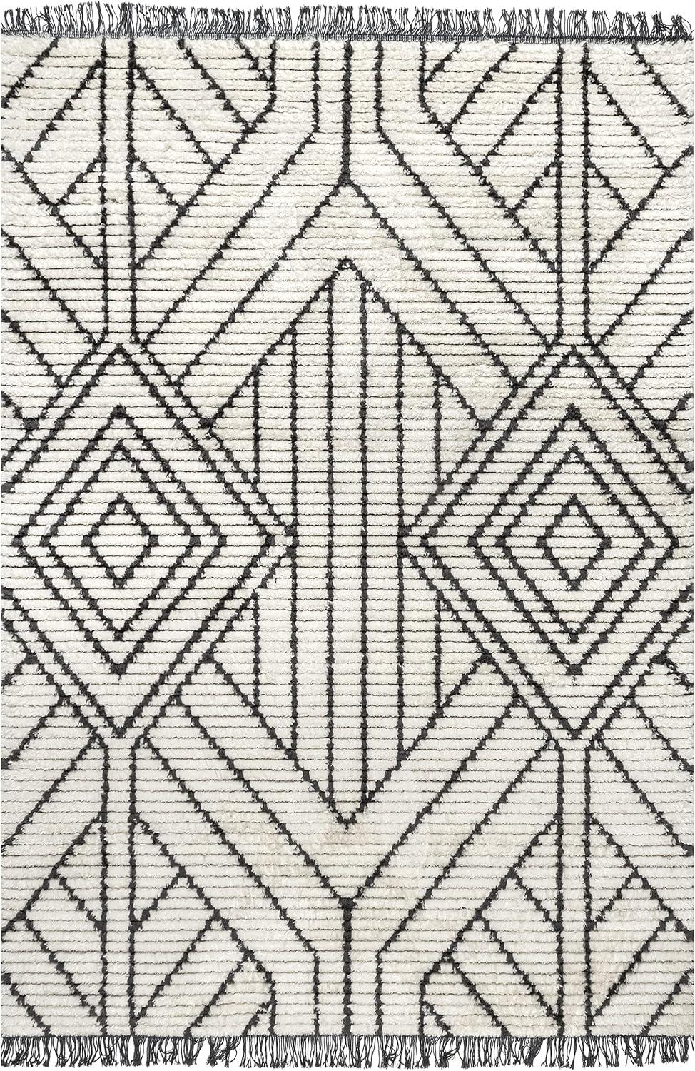 Luxurious Beige Synthetic 6'7" x 9' Shag Area Rug with Modern Diamond Fringe