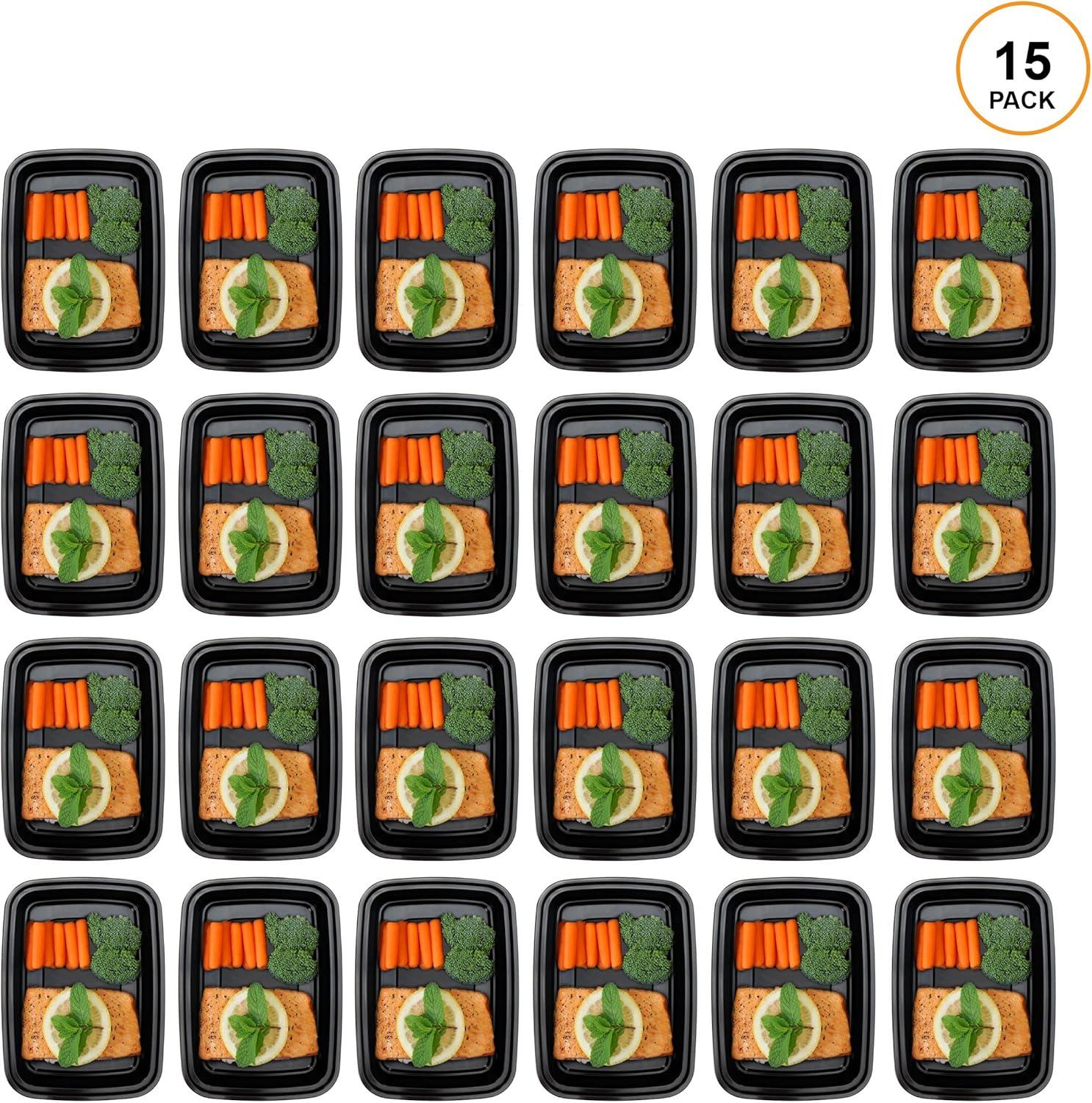 15-Pack Black Rectangular BPA-Free Meal Prep Containers with Snap Lids