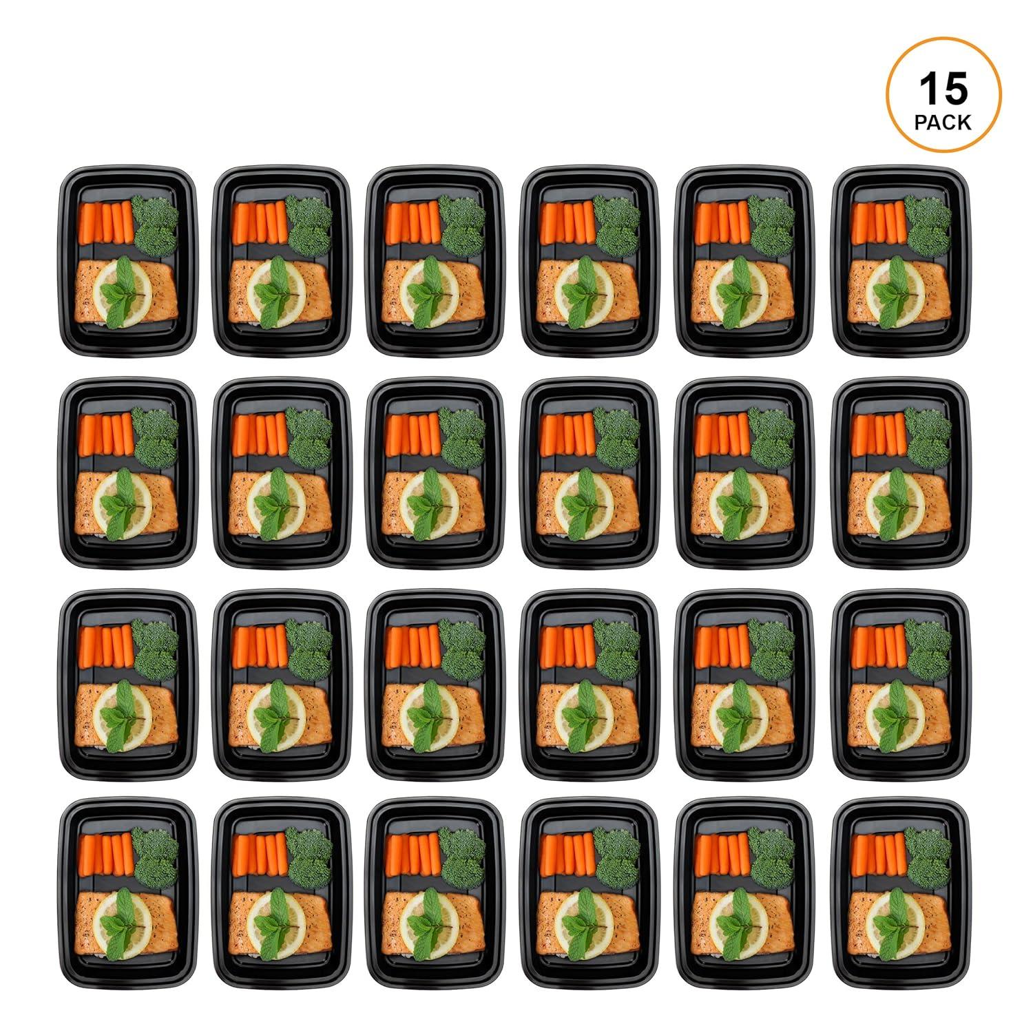 Freshware Meal Prep Containers [15 Pack] 1 Compartment Food Storage Containers with Lids, Bento Box, BPA Free, Stackable, Microwave/Dishwasher/Freezer Safe (28 oz) Black