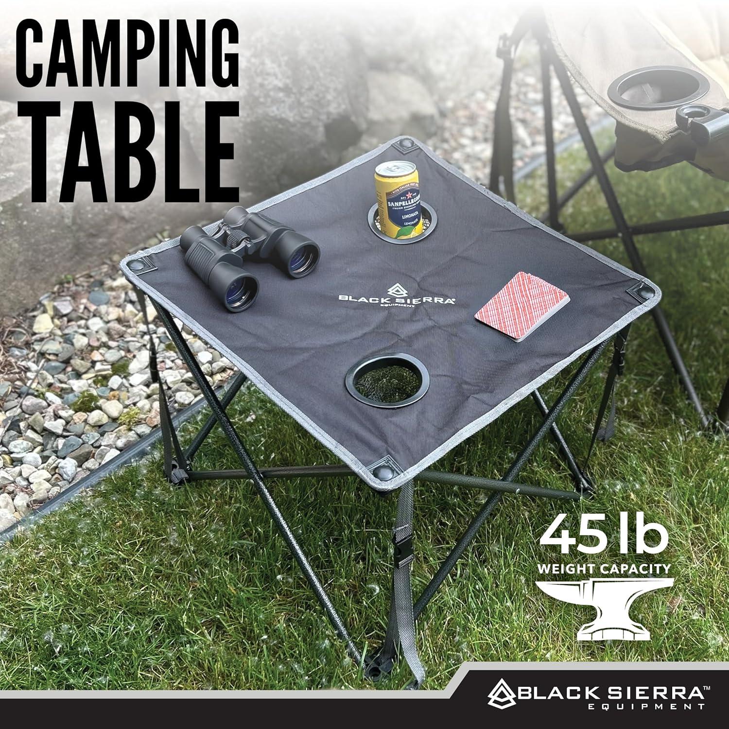 Black Sierra Foldable Camping Table w/ 2 Cup-Holders and Carry Bag, Heavy Duty Frame Supports 45lbs, Perfect for Tailgating, Compact for Storage & Transportation, Portable Outdoor Folding Table