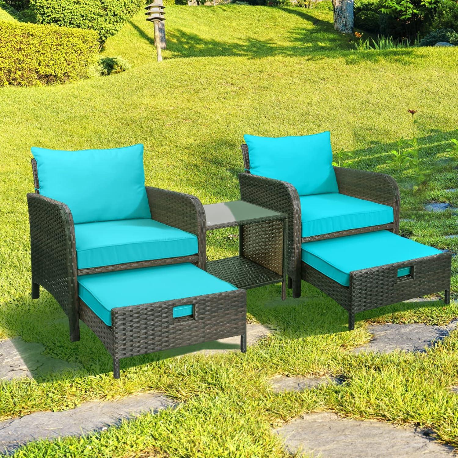 Lake Blue PE Wicker 5-Piece Patio Set with Glass Table