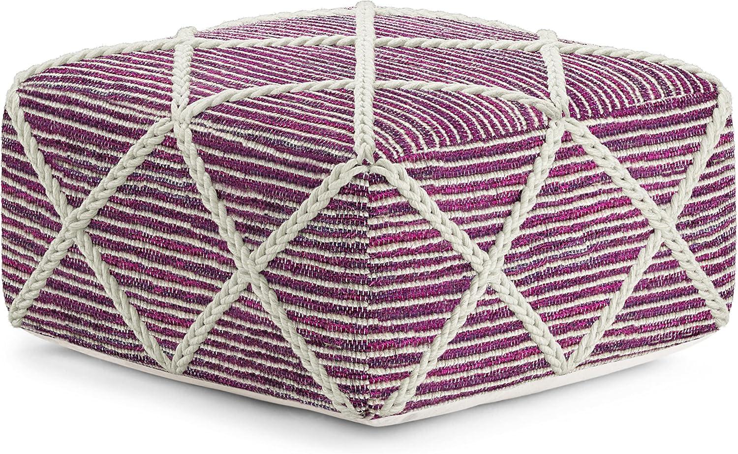 TJUNBOLIFE Cowan 20 Inch Contemporary Square Pouf in Magenta and Natural Handloom Woven  For the Living Room  Bedroom and  Room