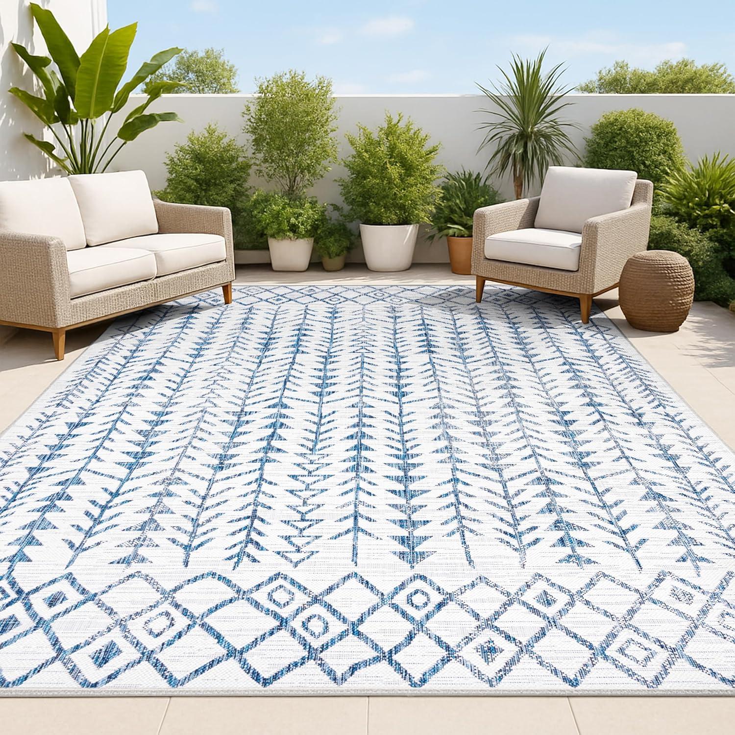 3'x5' Tokay Bohemian Styled Geometric Indoor/Outdoor Area Rug, Ivory/Blue - JONATHAN Y