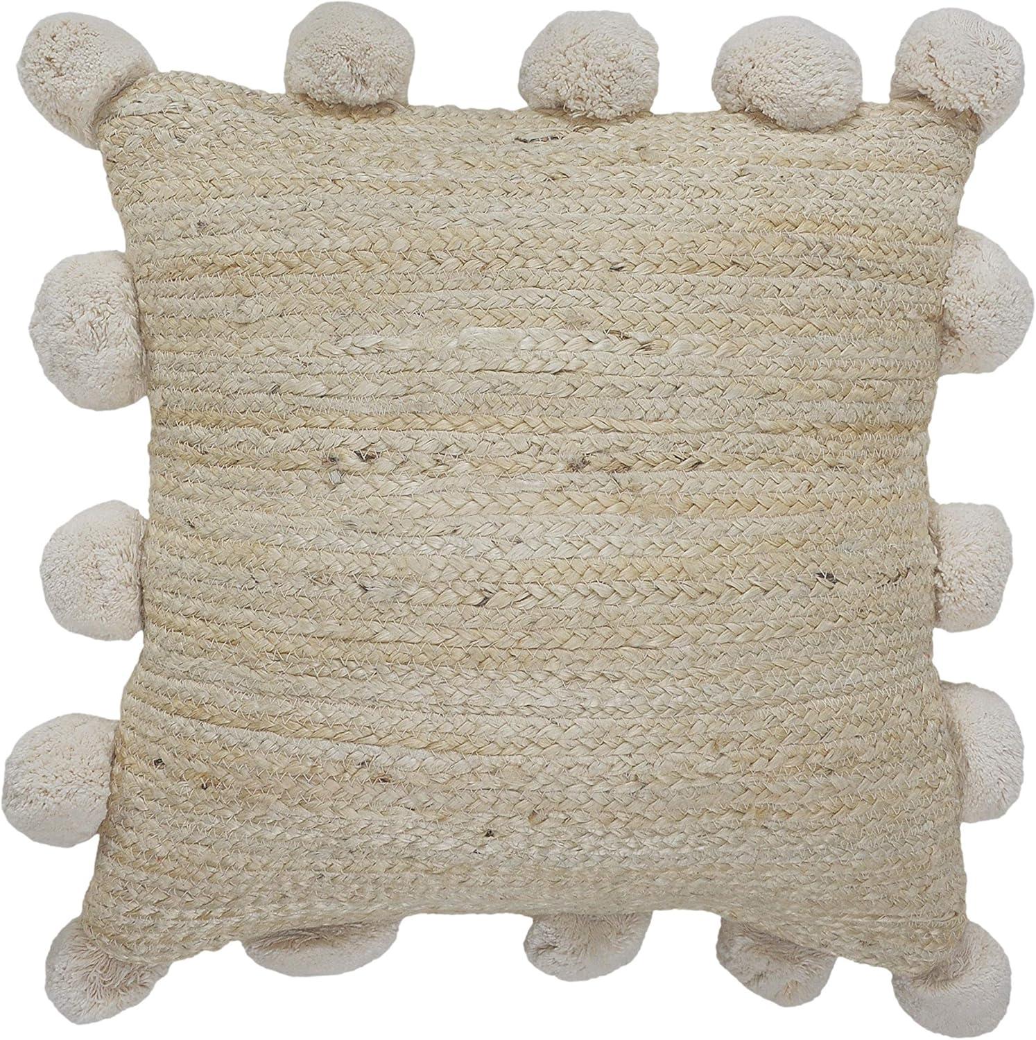 Natural Jute Square Throw Pillow with Pom Pom Border, 20" x 20"