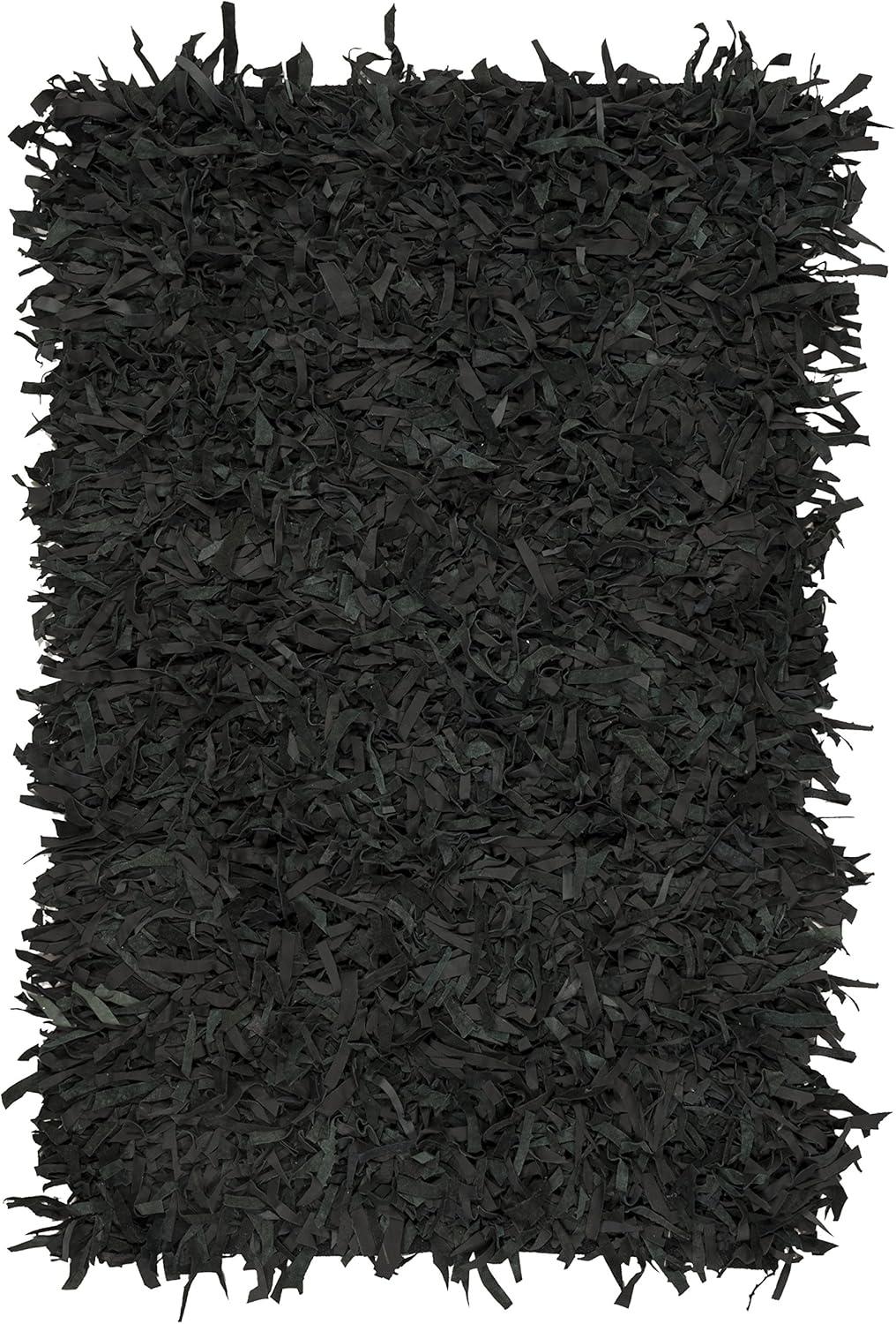 Luxurious Black Leather Hand-Knotted Shag Rug, 3' x 5'