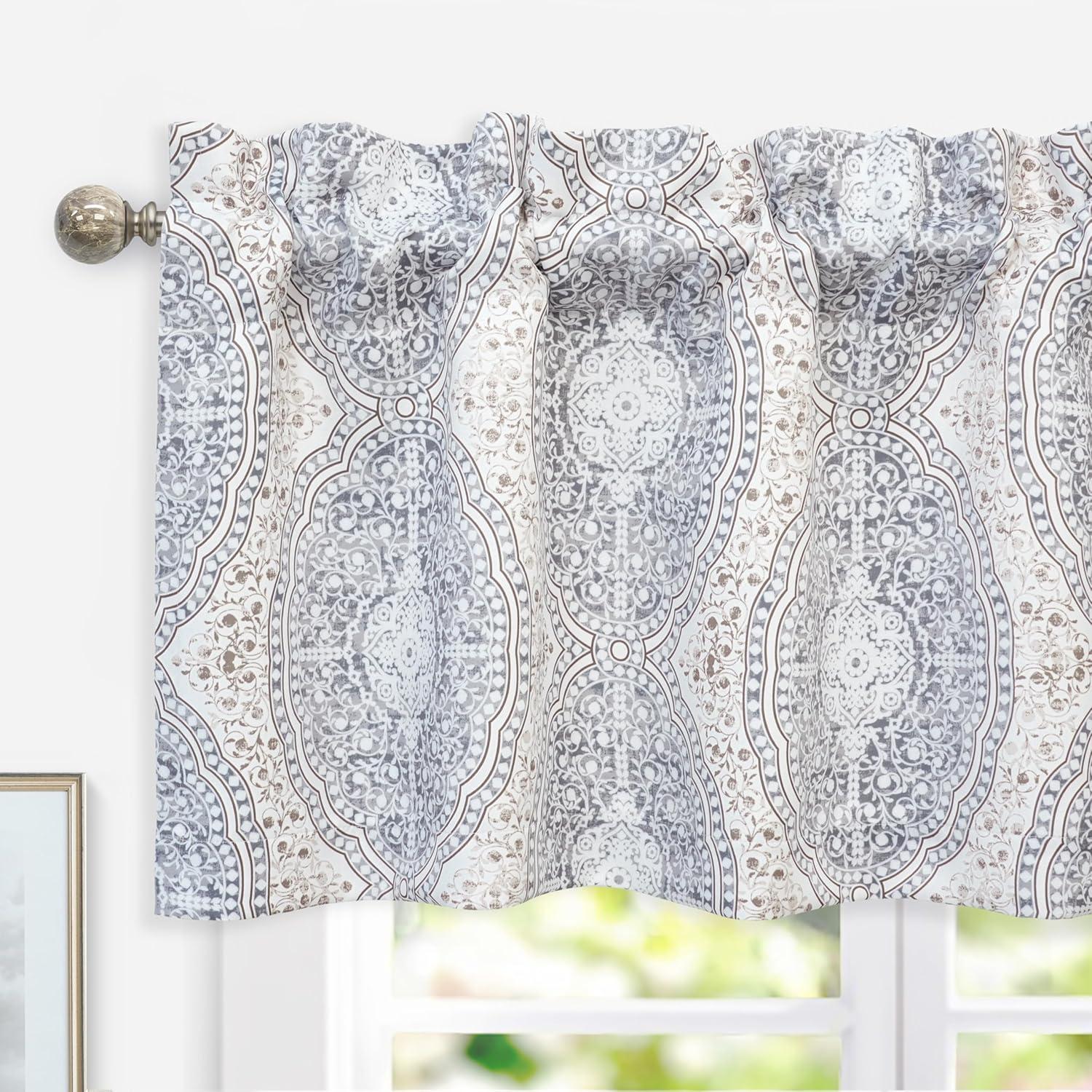 Adrianne Beige and Gray Damask Floral Window Valance 52x18