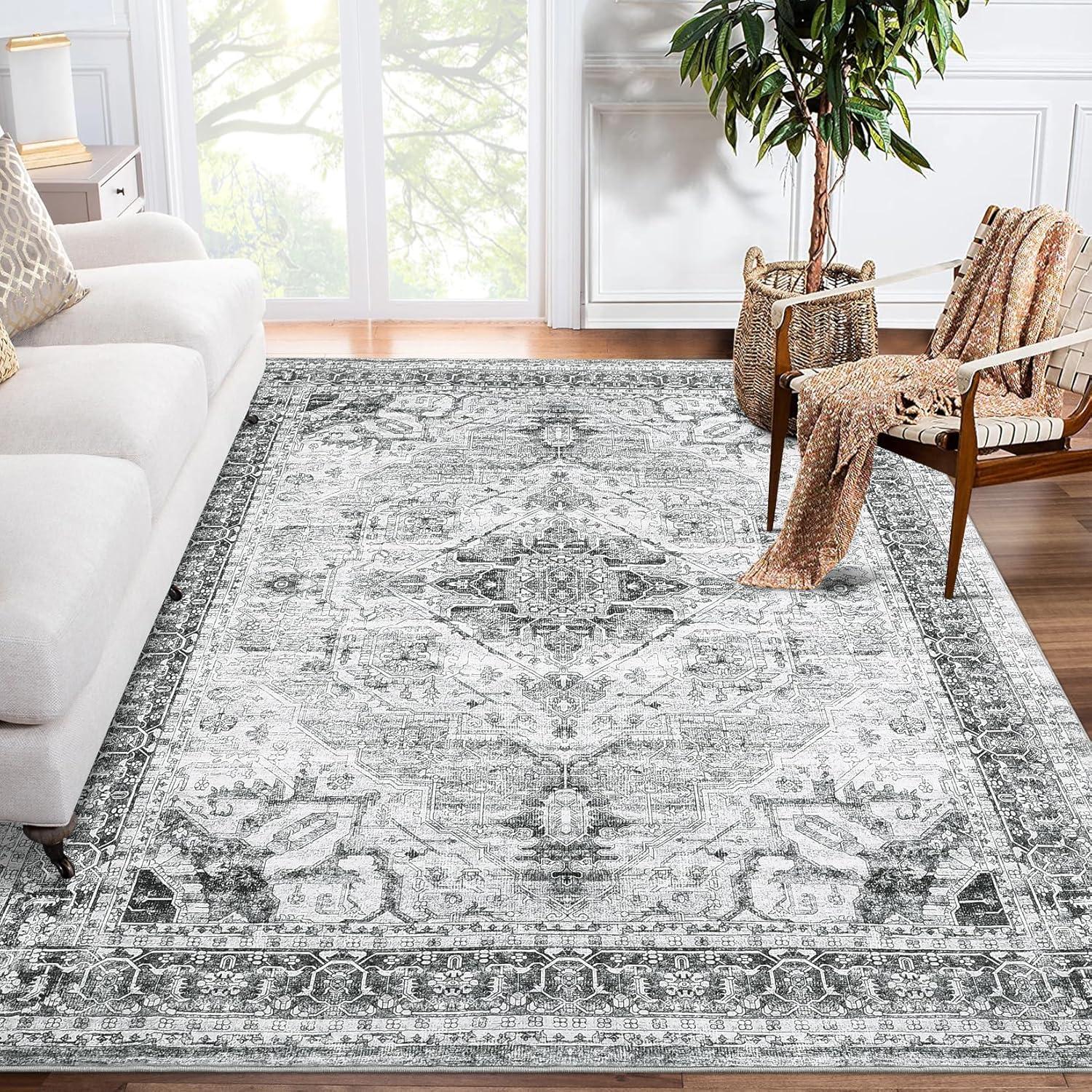 Gray 5' x 7' Washable Vintage Floral Area Rug