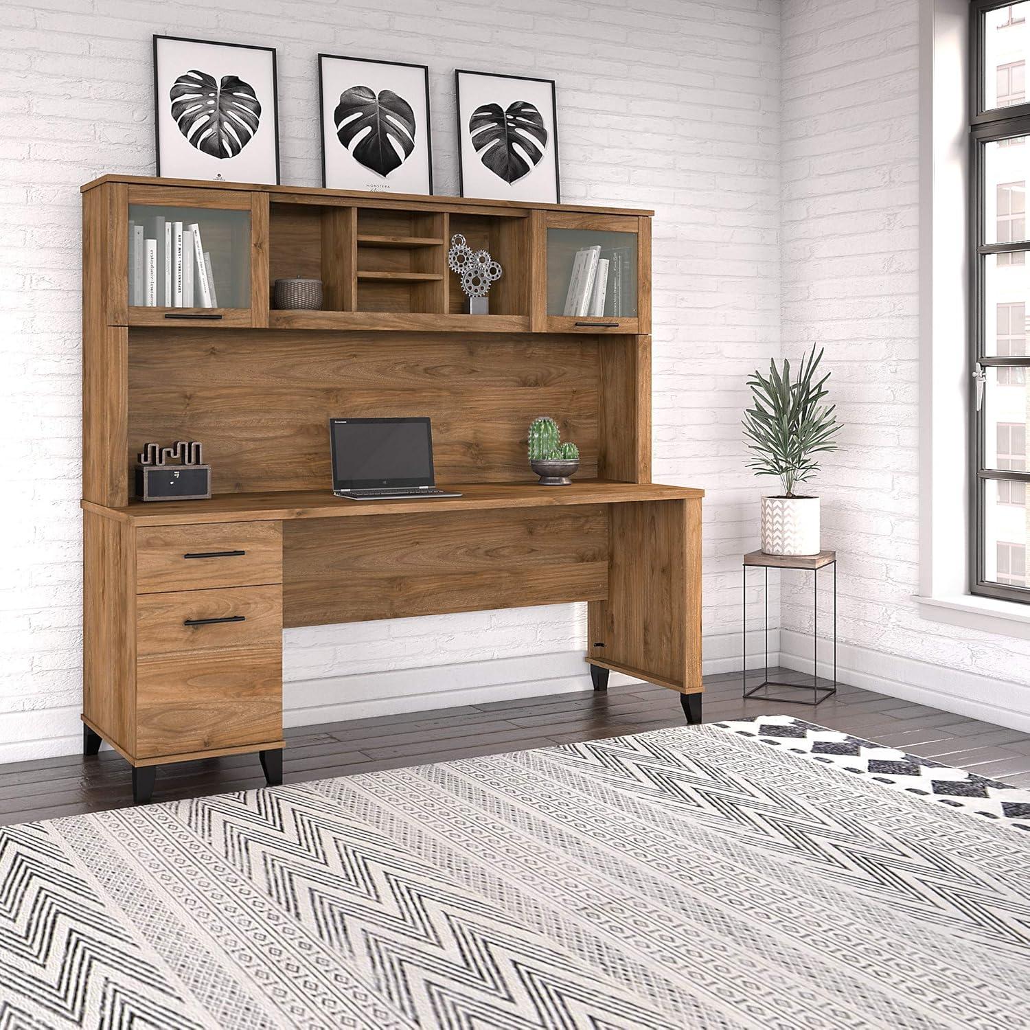 Elegant Fresh Walnut Engineered Wood Office Desk with Hutch and Drawers