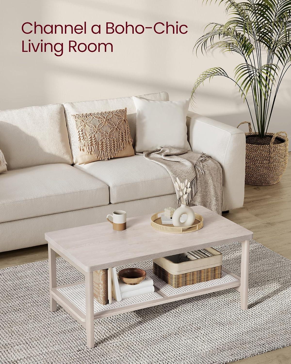 VASAGLE 2-Tier Coffee Table for Living Room, Rectangular Living Room Table, with PVC Rattan Storage Shelf, Rounded Corners, Easy Assembly, Boho Style, 21.7 x 39.4 x 17.7 Inches, Oak Beige ULCT240Y57