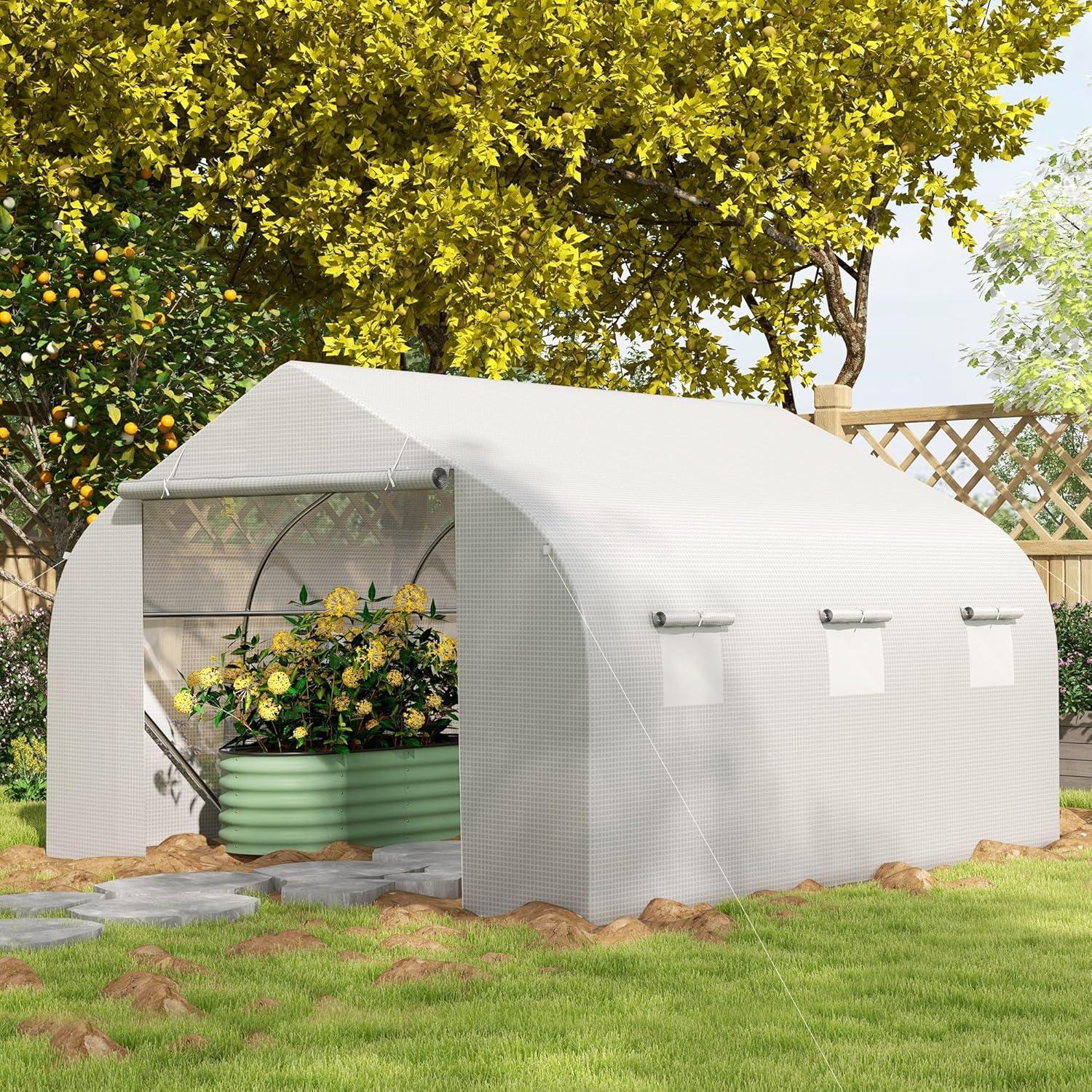 11.5' x 10' x 6.5' Outdoor Walk-in Greenhouse, Tunnel Green House with Roll-up Windows, White