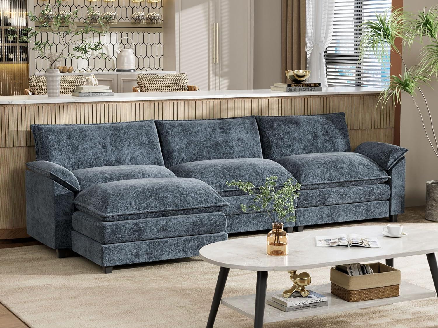 Blue Chenille Fabric L-Shaped Sectional Sofa with Ottoman