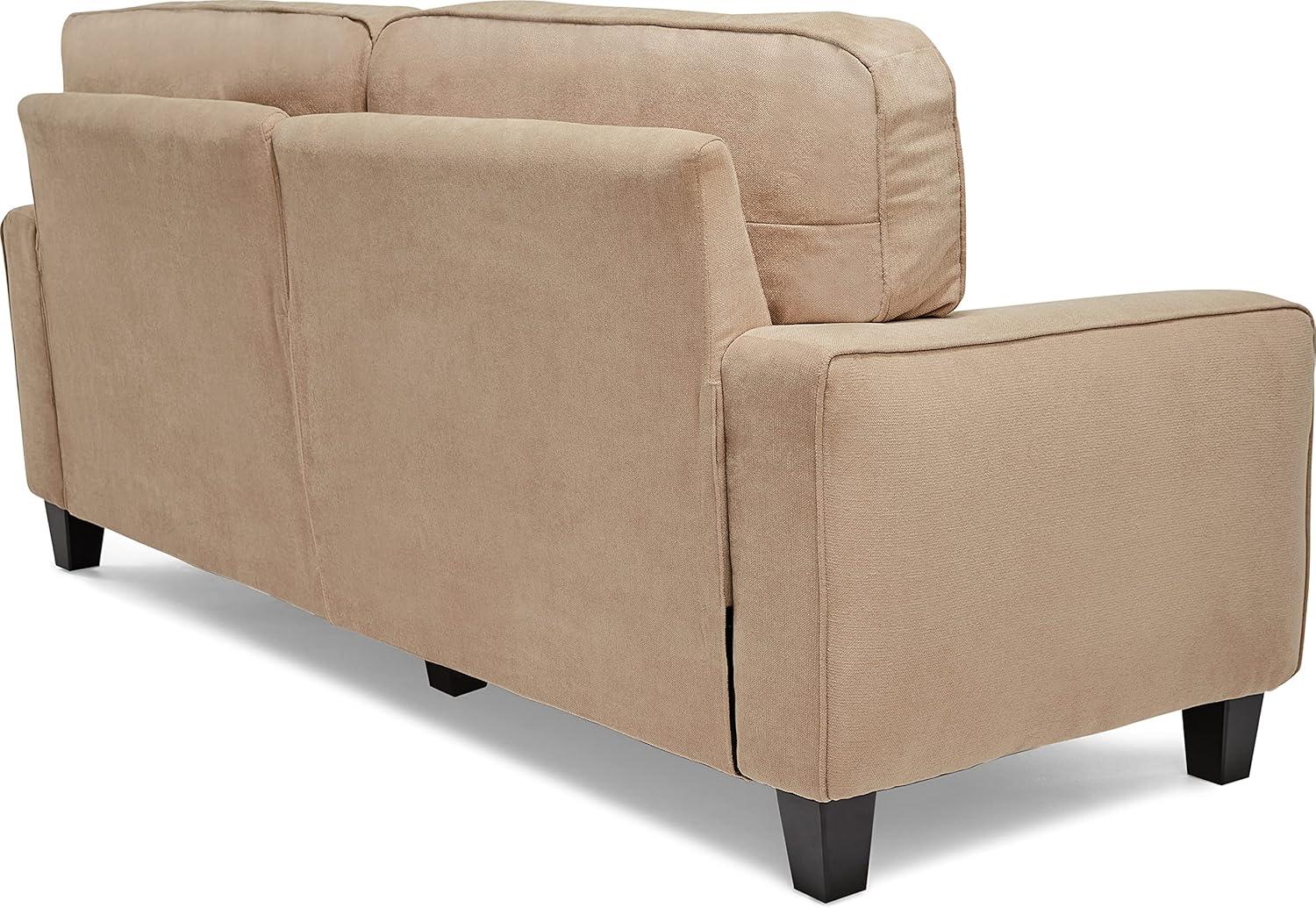 Navarre Beige Leather Track Arm Sofa with Wood Accents and Removable Cushions