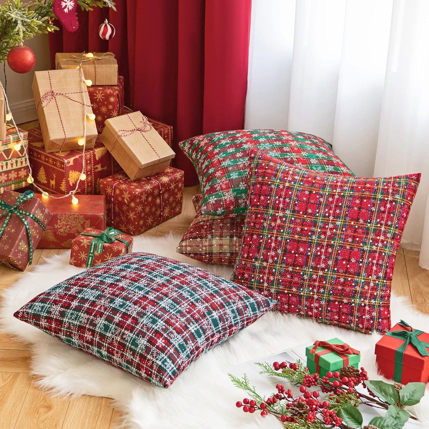 Red and Beige Tartan Plaid Snowflake 18" Polyester Euro Pillow Covers