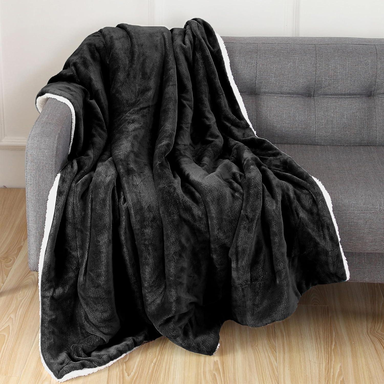 Elegant Comfort Throw Blanket, Reversible Sherpa Flannel, Ultra-Soft, Fuzzy, Cozy and Plush- All Season Lightweight Decorative Throw, 50 x 60 inches, Solid Sherpa Throw, Black
