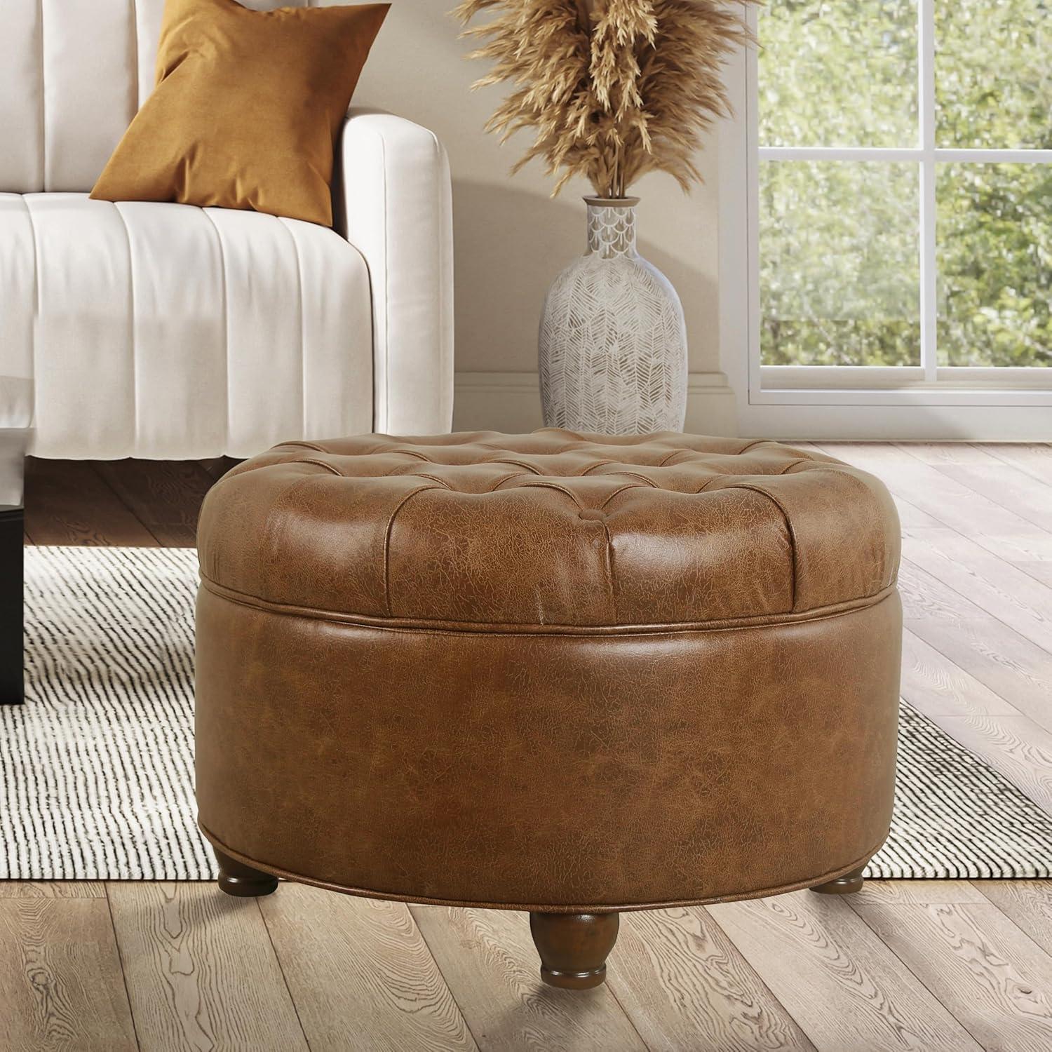 Large Tufted Round Storage Ottoman Faux Leather Distressed Brown - HomePop