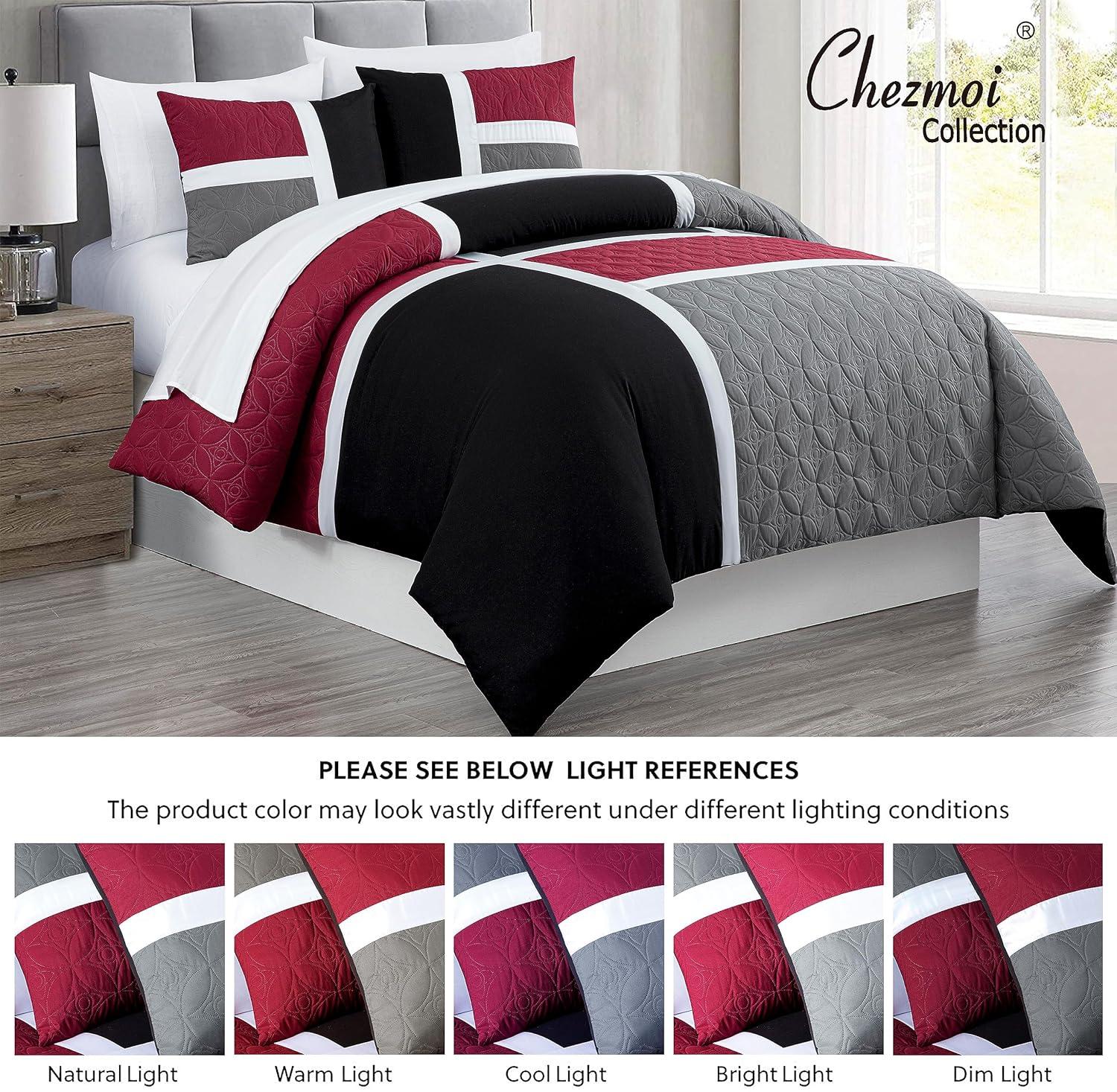 Chezmoi Collection Bernard 7-Piece King Bed in a Bag Comforter Set with Sheets, Lightweight Comforter Red Gray Black Patchwork Quilted Medallion Bedding Set for All Season