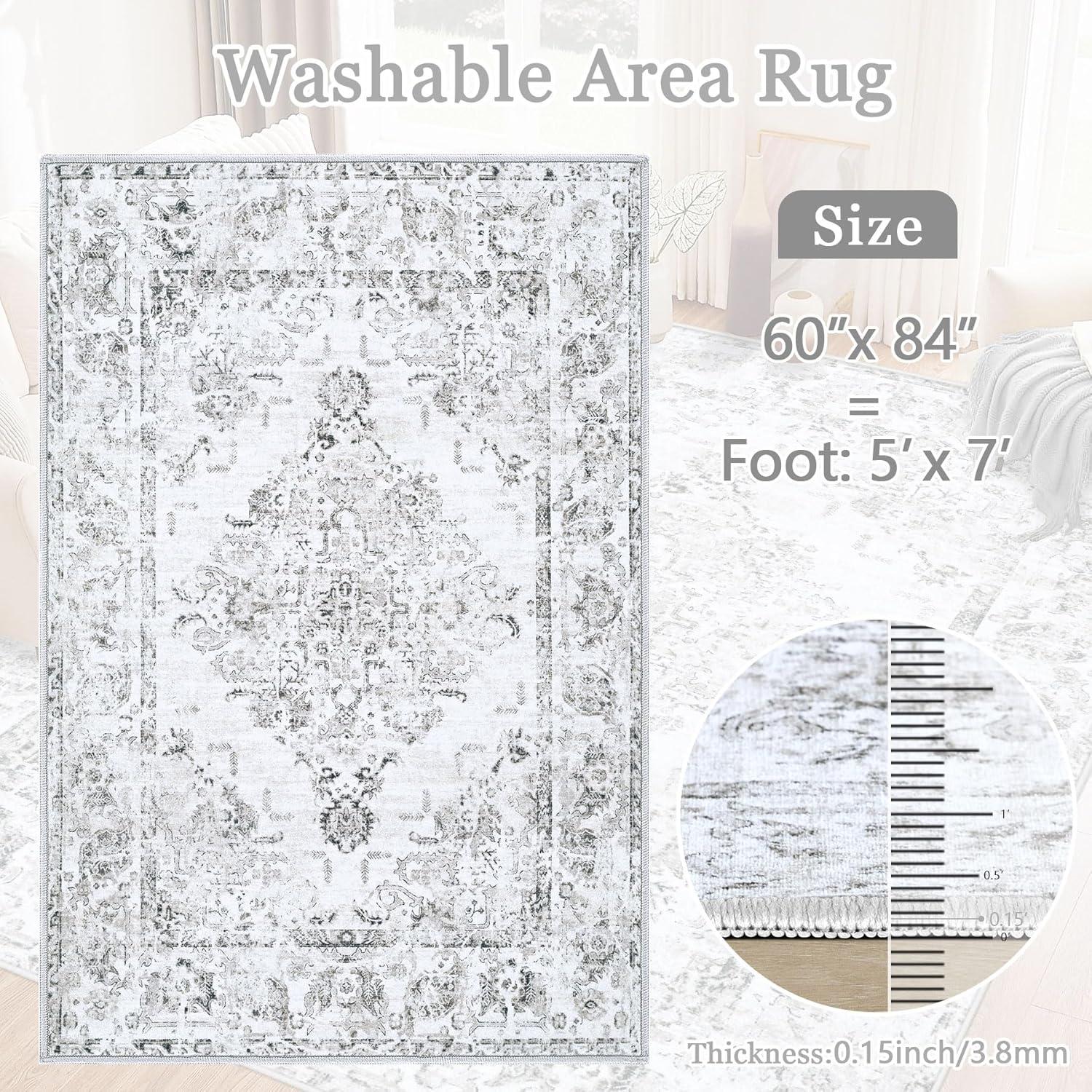 Gray 5' x 7' Vintage Washable Non-Slip Area Rug