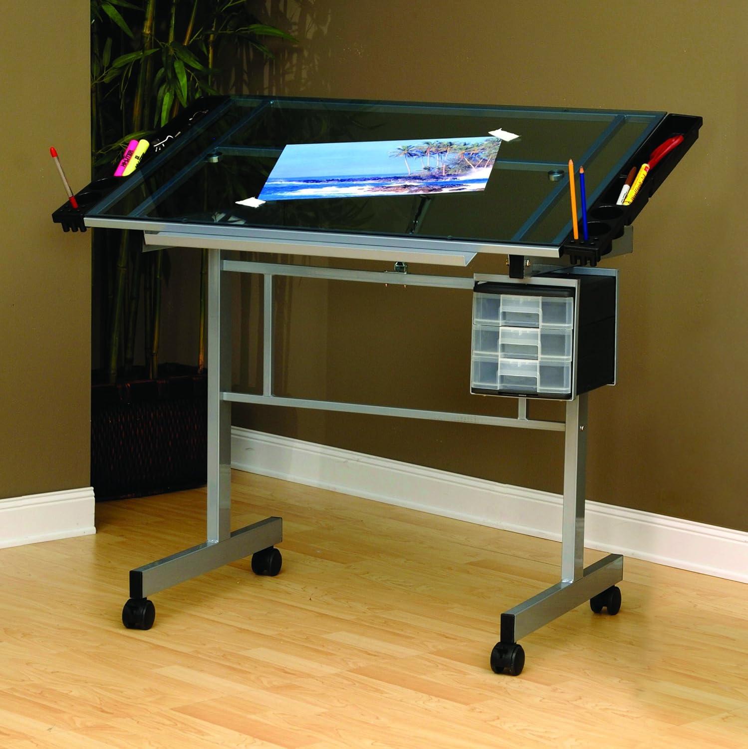 Inbox Zero Craddock Adjustable Glass Top Metal Base Drafting Table