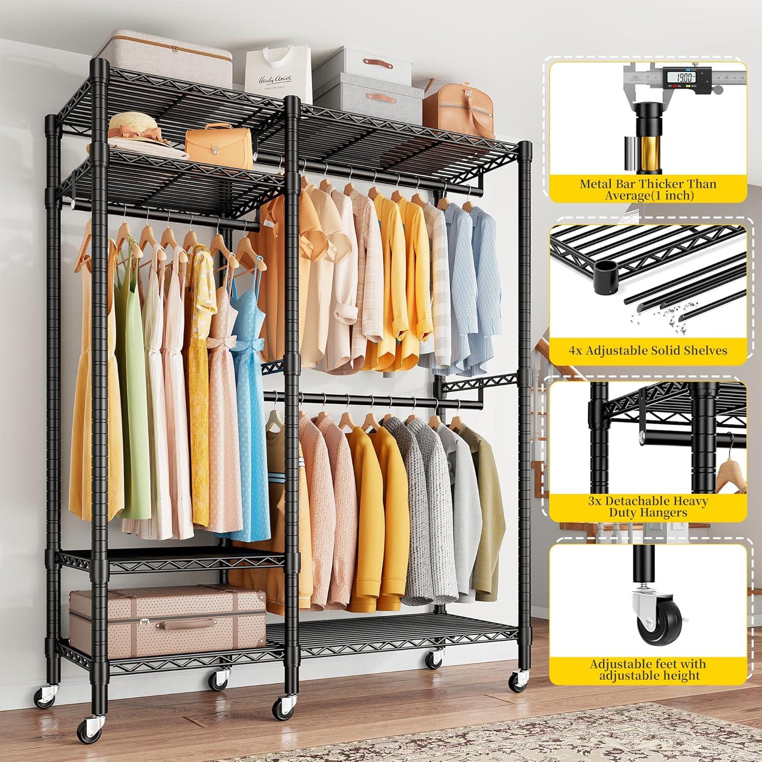 Clothes Rack Heavy Duty Clothing Rack Load 775LBS Clothing Racks for Hanging Clothes Adjustable Closet Rack Metal Wadrobe Closet Wire Garment Rack Clothes Rack 45.5" W x 77" H x 16.5" D Black