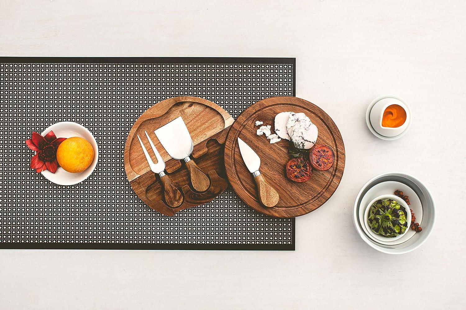 Acacia Round Cheese Board Set - Picnic Time: Charcuterie & Cutting Board, Lightweight Acacia, 7.5" Brown