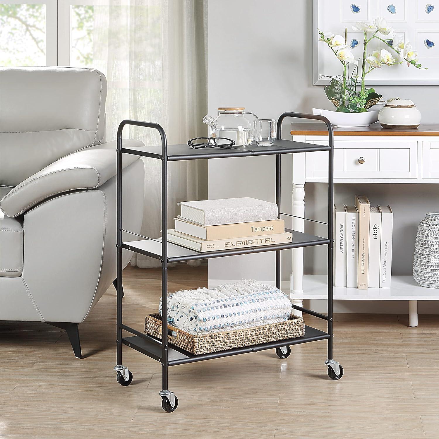 Black Metal Rolling Utility Craft Cart with Three Shelves