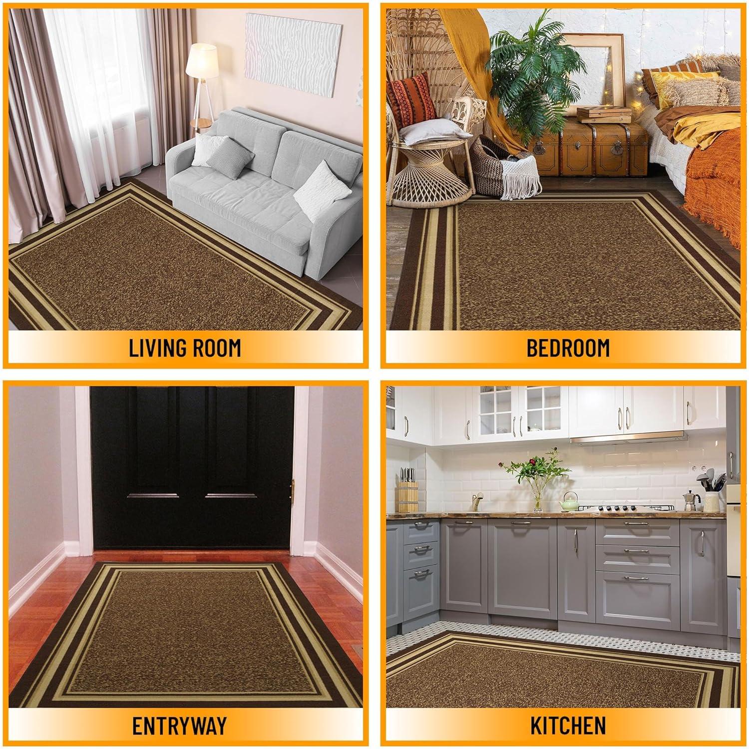 Machine Washable Non-Slip Bordered Area Rug For Living Room, Hallway Runner, Entryway Rug